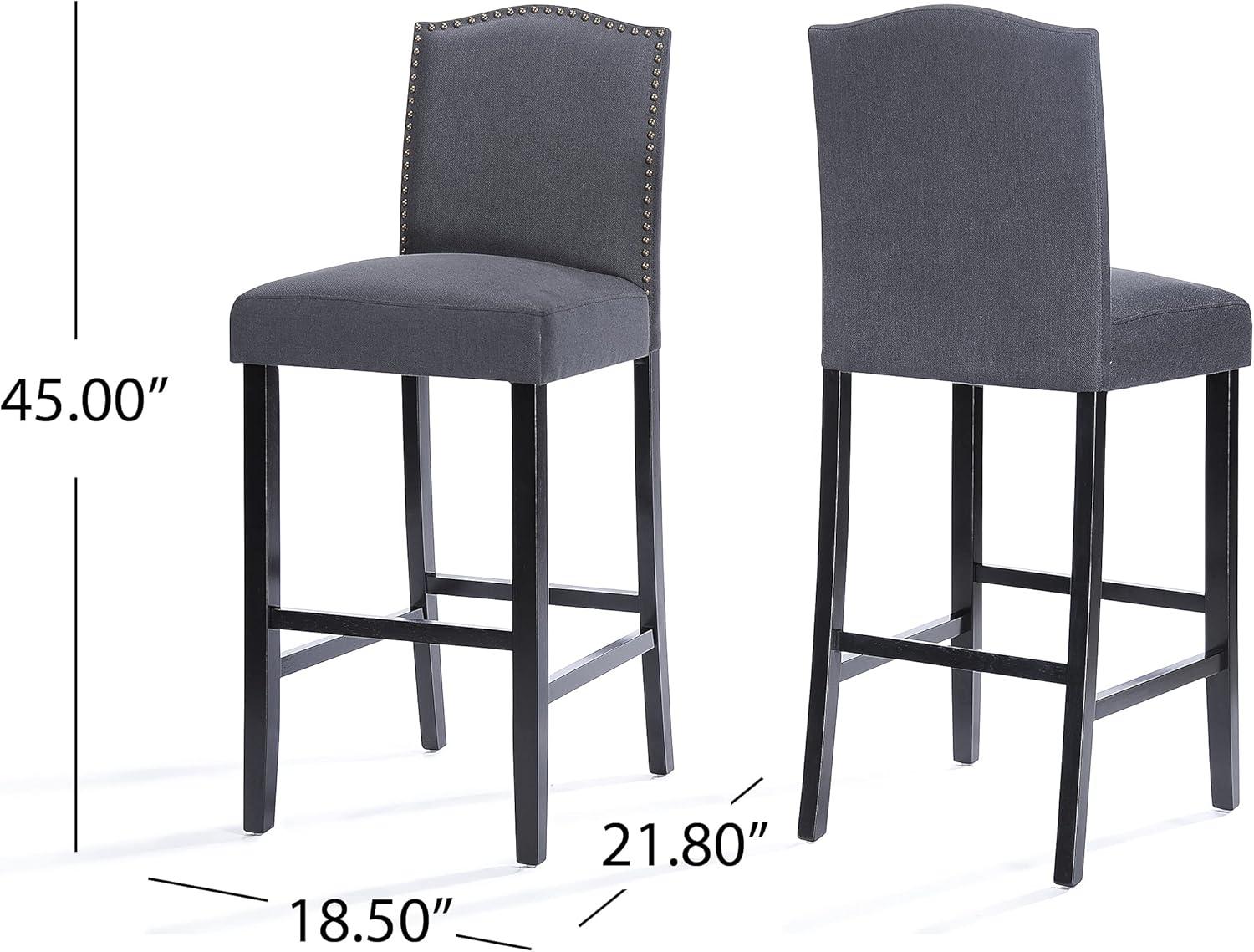 Dark Charcoal and Walnut Upholstered Barstools with Nailhead Trim, Set of 2