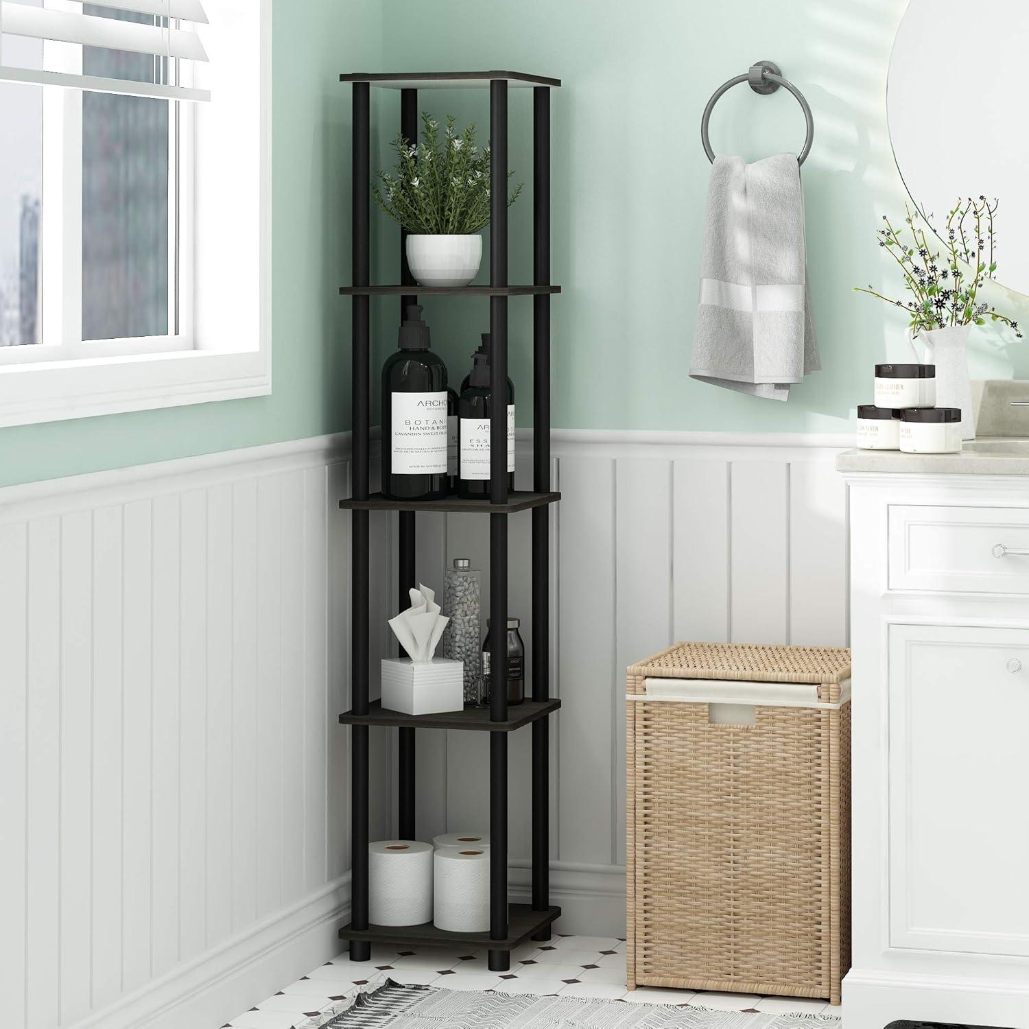 Furinno 5-Tier Corner Square Bookshelf Anti-Tipping Display Rack Shelf for Bathroom&Closet&Home Office&Living Room&Kitchen,Espresso/Black