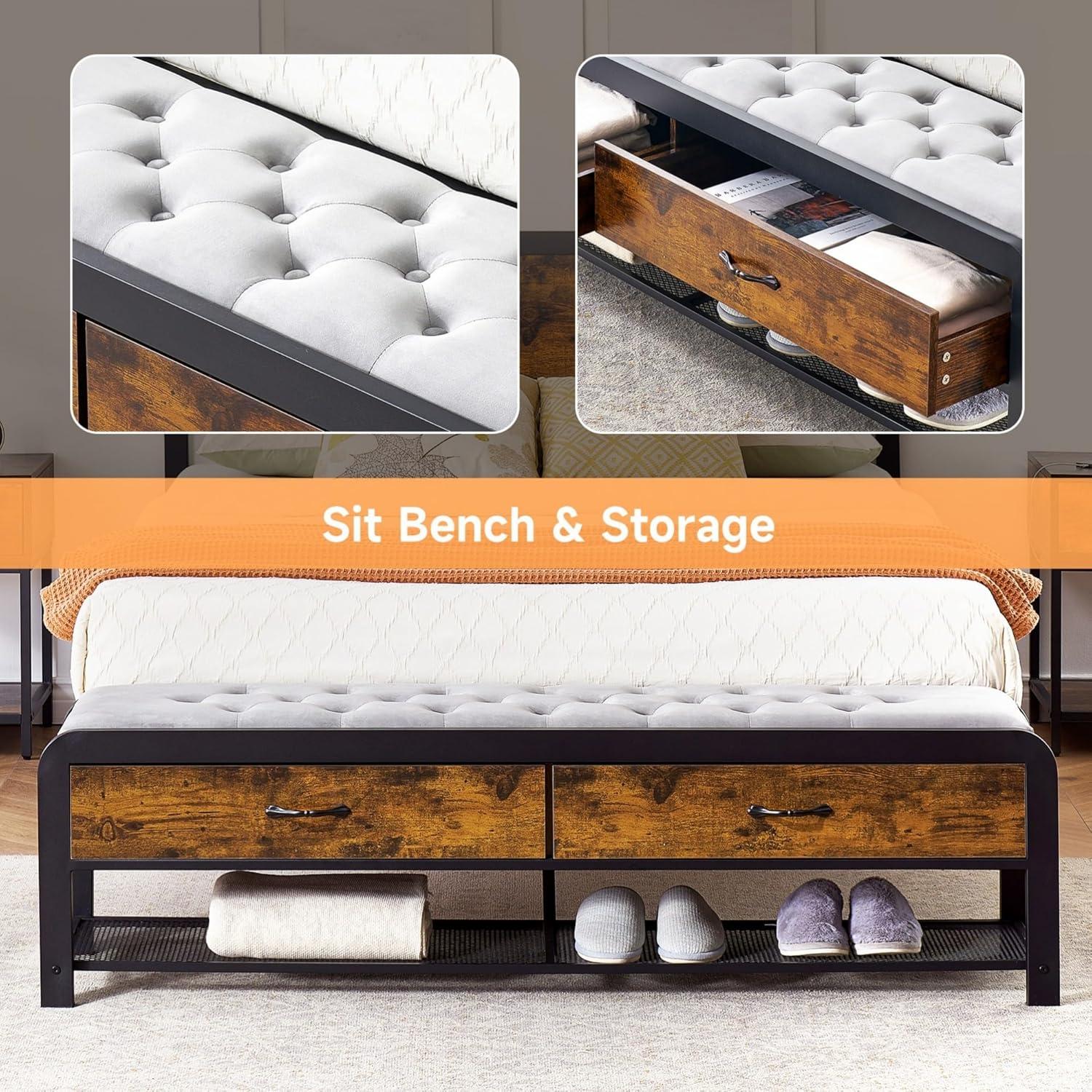 Alkmaar Full Size Platform Bed Frame with 2 Storage Drawers and Headboard, Bed Frame with Safe Rounded Corners & Strong Metal Slats Support, Mattress Foundation with Storage No Box Spring Needed