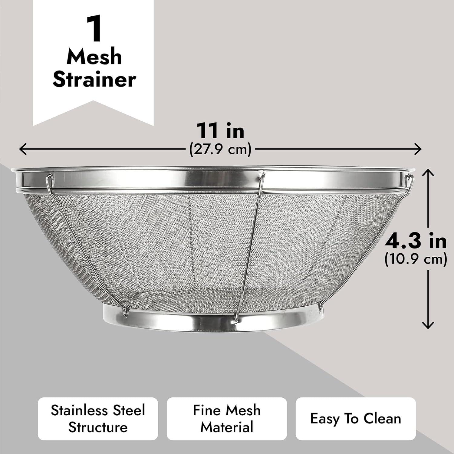 Large Fine Mesh Pasta Round Strainer, Metal Colander for Rice, Salad,Quinoa, Yogurt, Cooking (11 x 4 In)