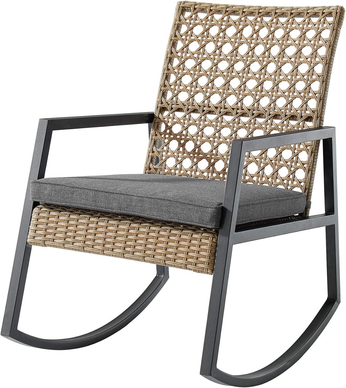 Contemporary Light Brown Rattan Patio Rocking Chair with Grey Cushion