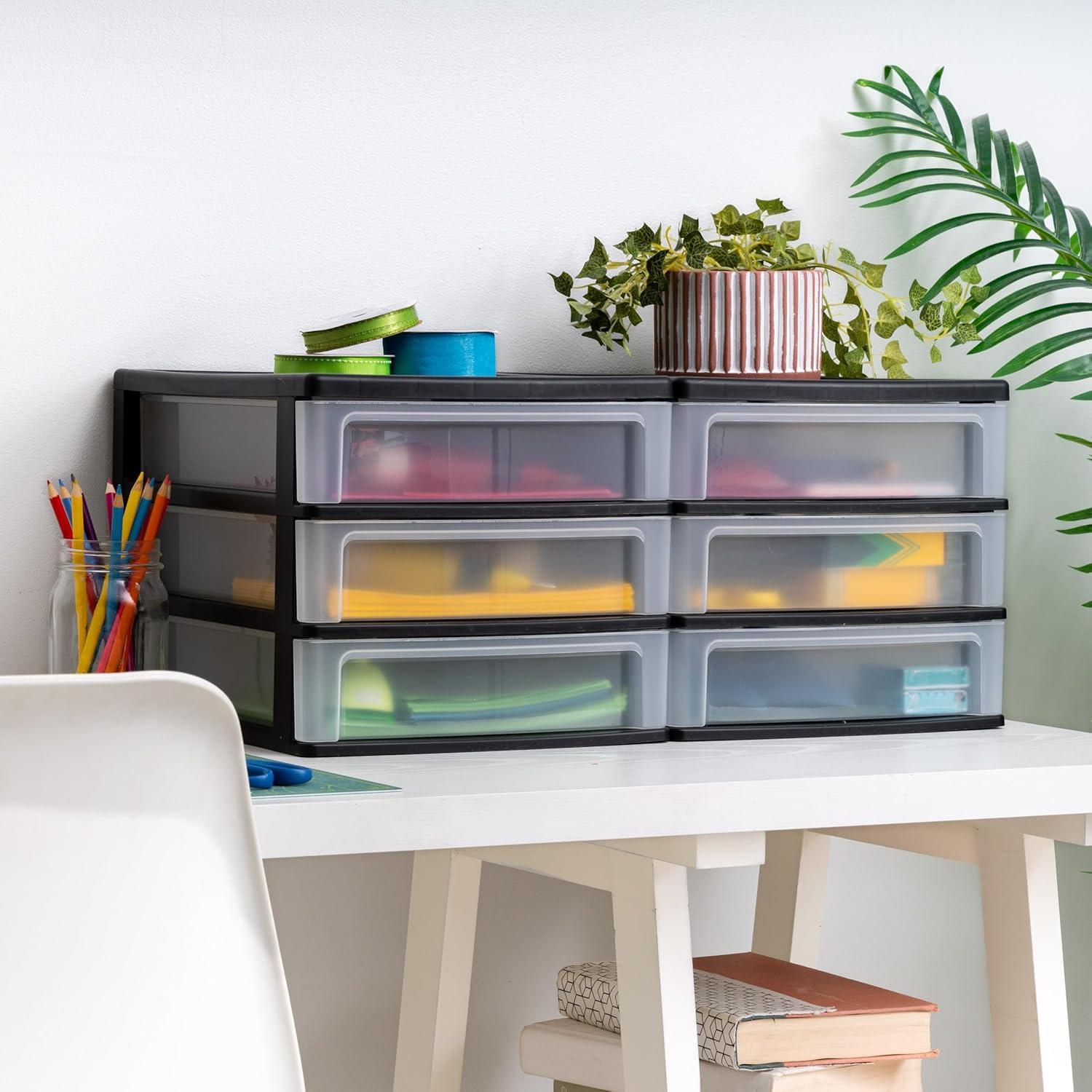 IRIS USA Medium 3-Drawer Stacking Desktop Organizer, 2 Pack, Plastic Drawer Storage Container for Stationery Art Craft Supplies Kitchen Office, Black