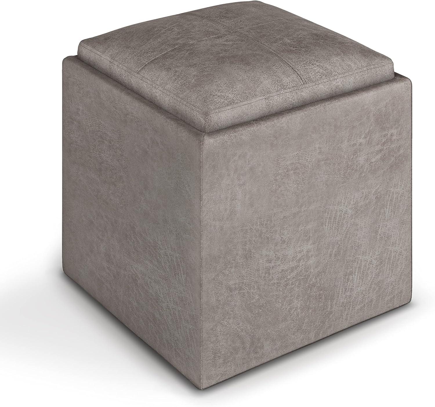 Simpli Home Rockwood 17" Cube Storage Ottoman with Tray in Gray Faux Leather