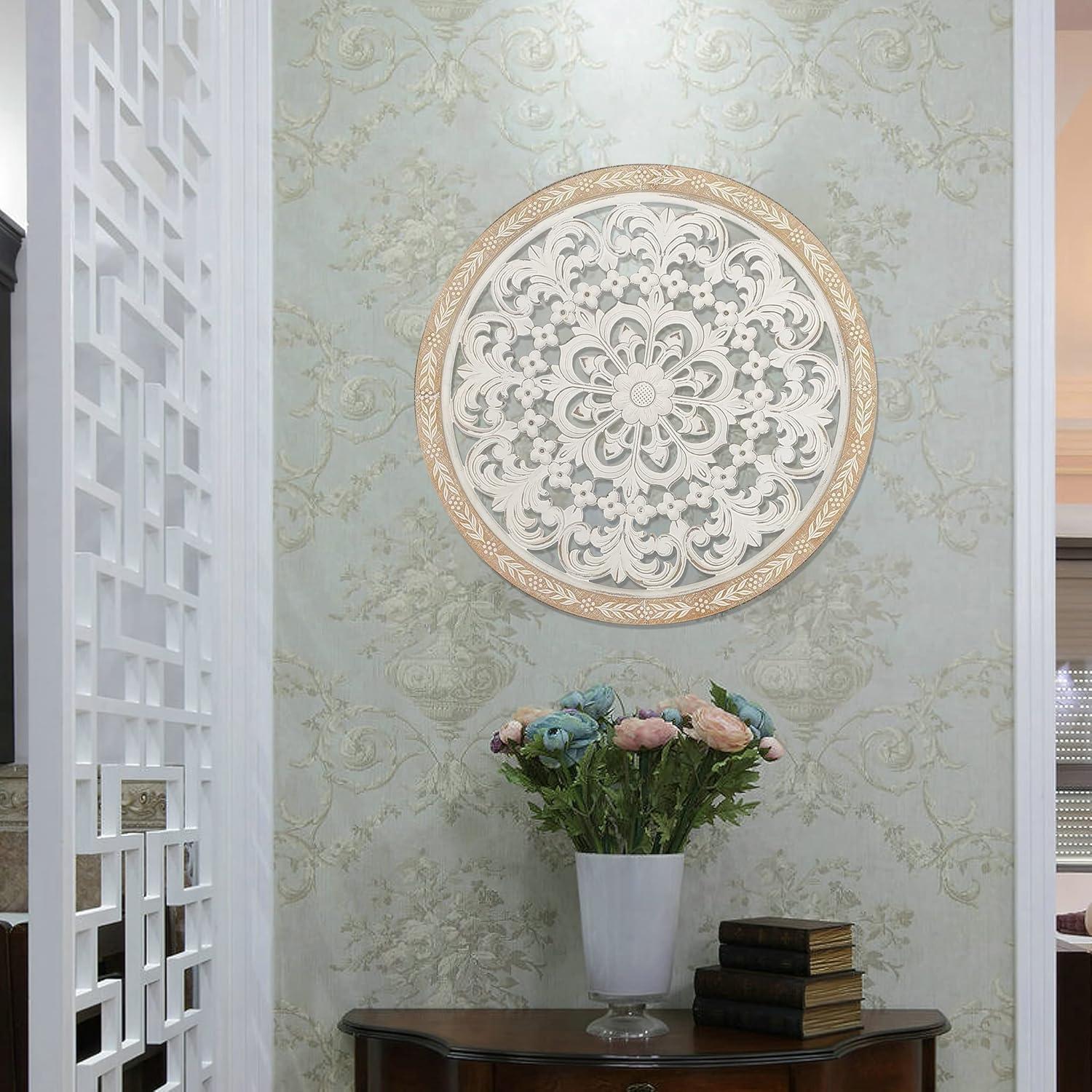 Parisloft 25 Inch Round Carved Wood Wall Decor, Natural Wood and Distressed White Finish,MDF with veneer, Farmhouse Wood Wall Decor for Living Room, Bedroom