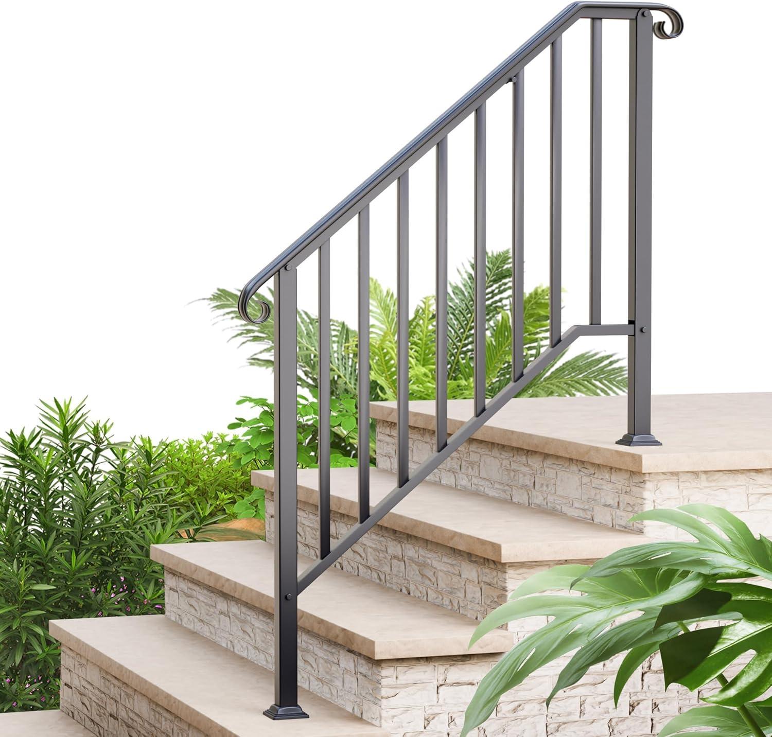 HLL Handrails for Outdoor Steps, Black Wrought Iron Handrail Fits 4 or 5 Steps, Transitional Handrail with Installation Kit, Stair Railing for Concrete Steps or Wooden Stairs