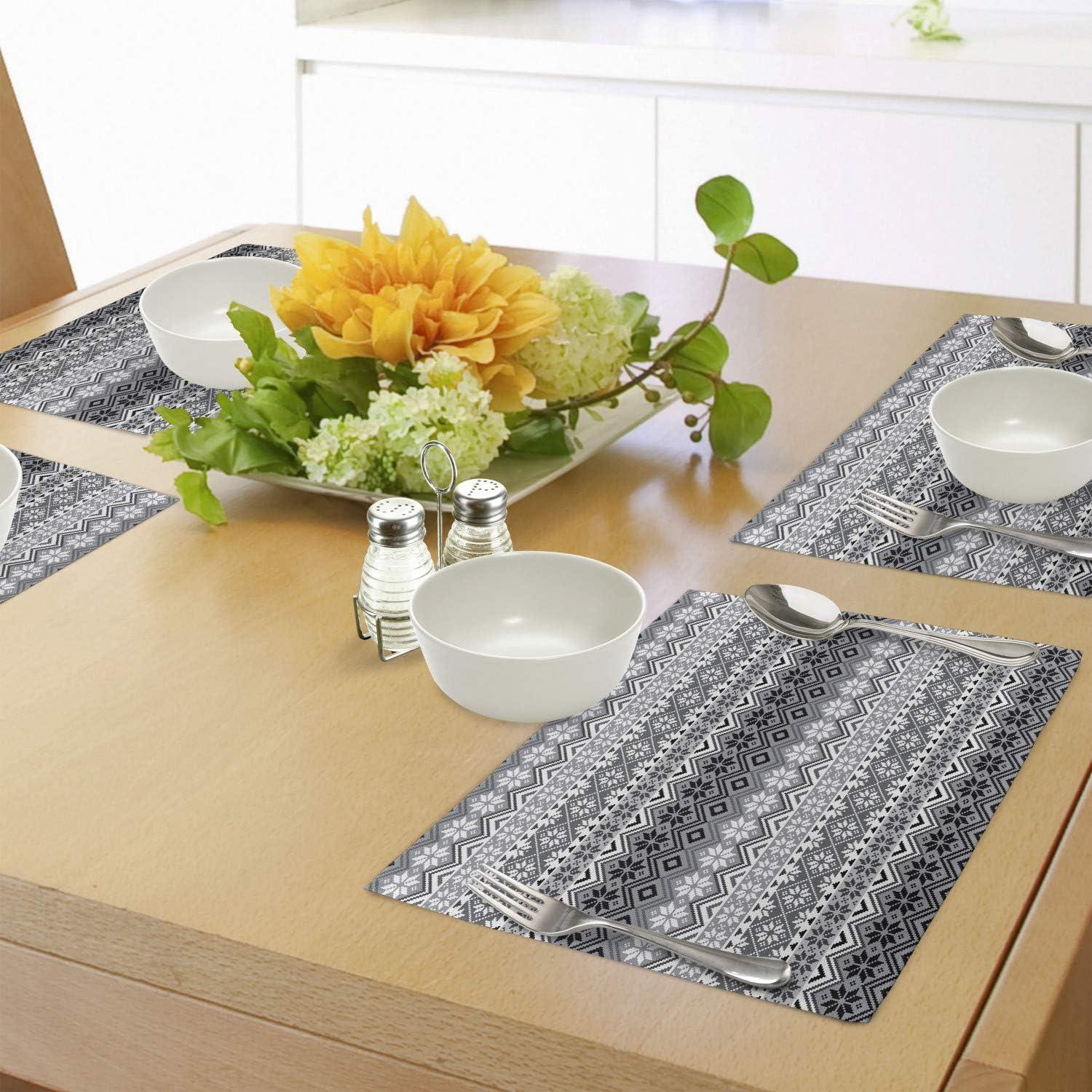 Gray and White Nordic Snowflake Pattern Fabric Placemats Set of 4