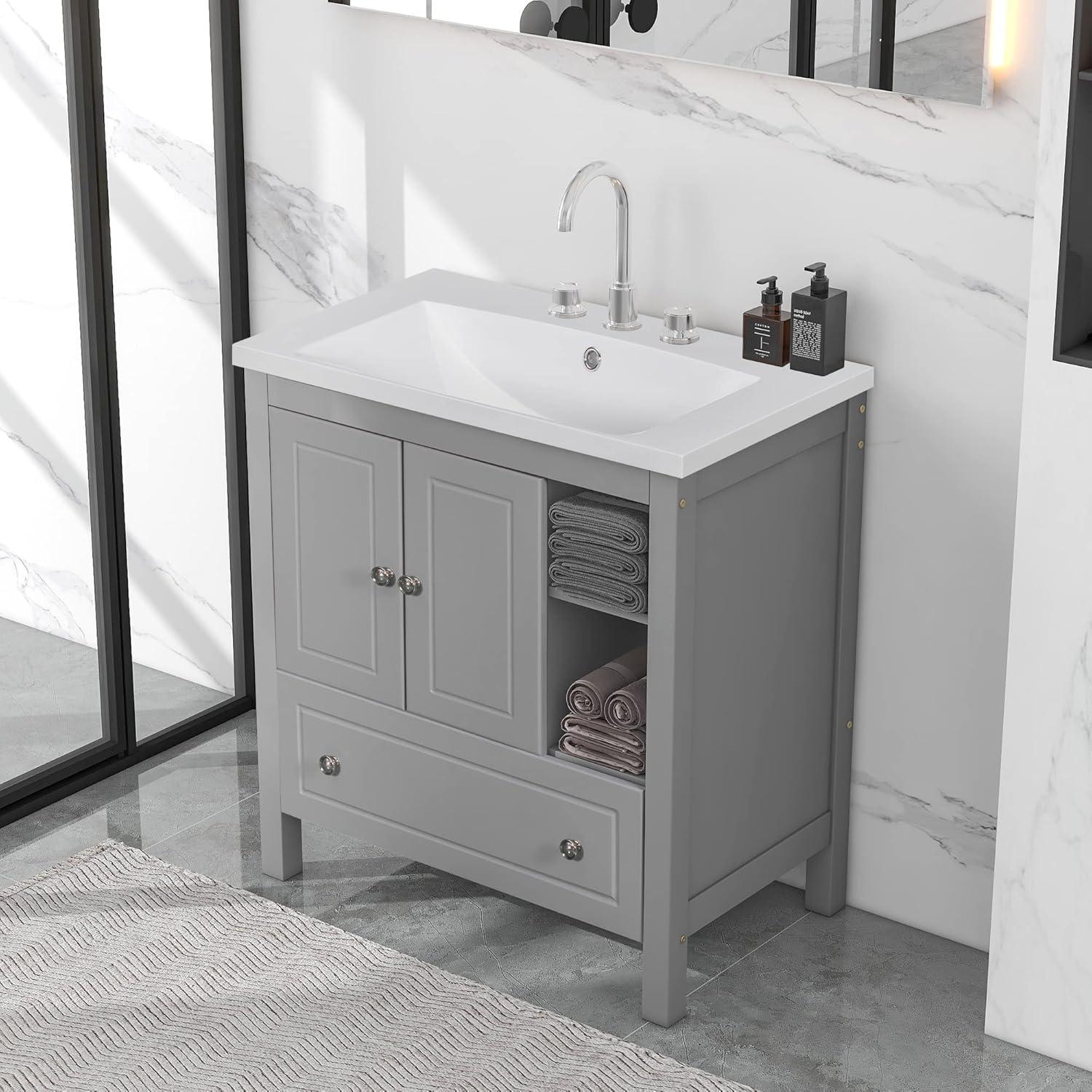 30" Bathroom Vanity with Sink, Bathroom Storage Cabinet with Doors and Drawers, Solid Wood Frame, Ceramic Sink, Grey (OLD SKU: JL000002AAG)