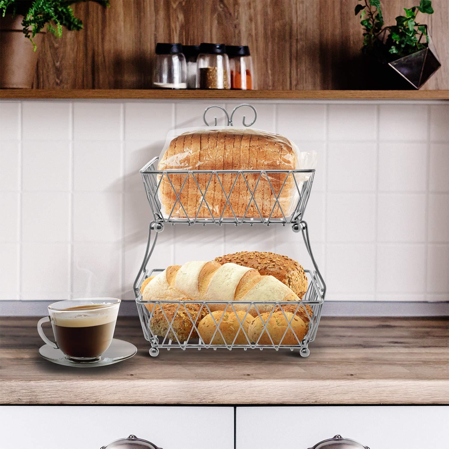 2-Tier Fruit Bread Basket Display Stand, Counter Storage for Kitchen, Bathroom, Rectangular Antique Metal