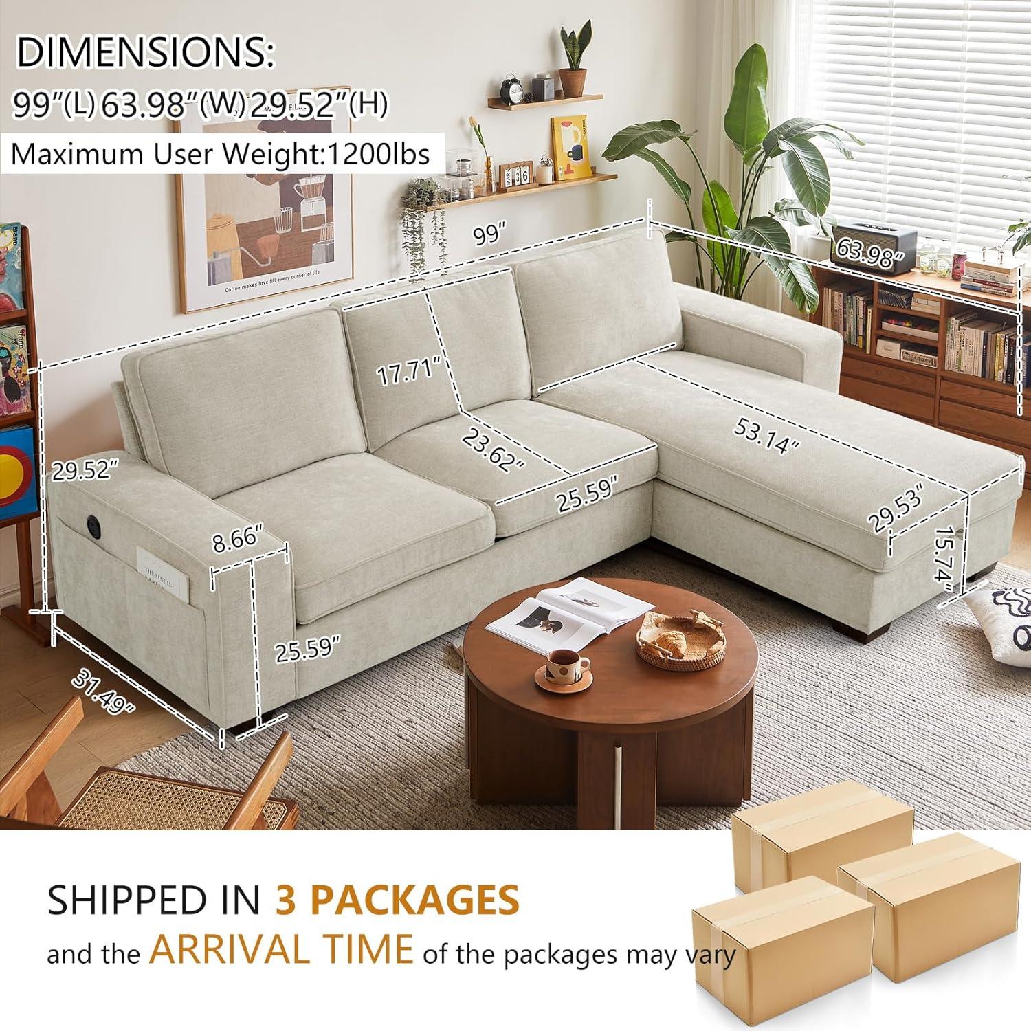 Latitude Run® ASHOMELI 99“ Convertible Sectional Sofa,L Shaped Couch,Multi-Functional Reversible Sofa With USB And Type-C Charging Ports, Storage Space, Breathable Fabric (Beige)