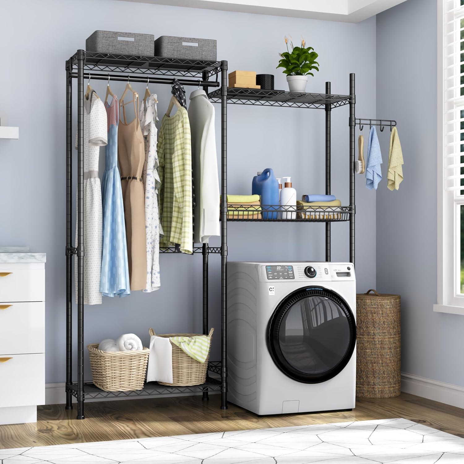 Black Adjustable 4-Tier Laundry Room Storage Rack with Hanger Rod