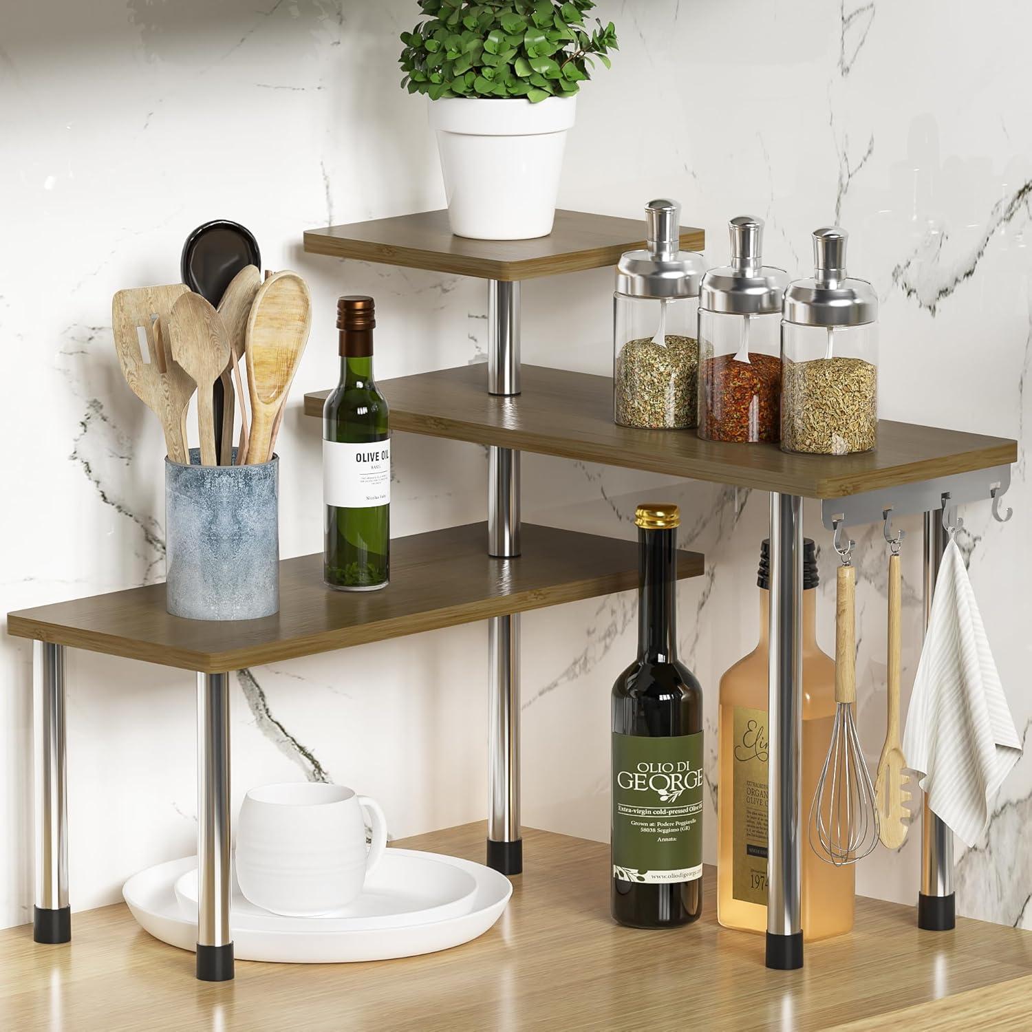 Adjustable 3-Tier Bamboo and Metal Kitchen Countertop Organizer