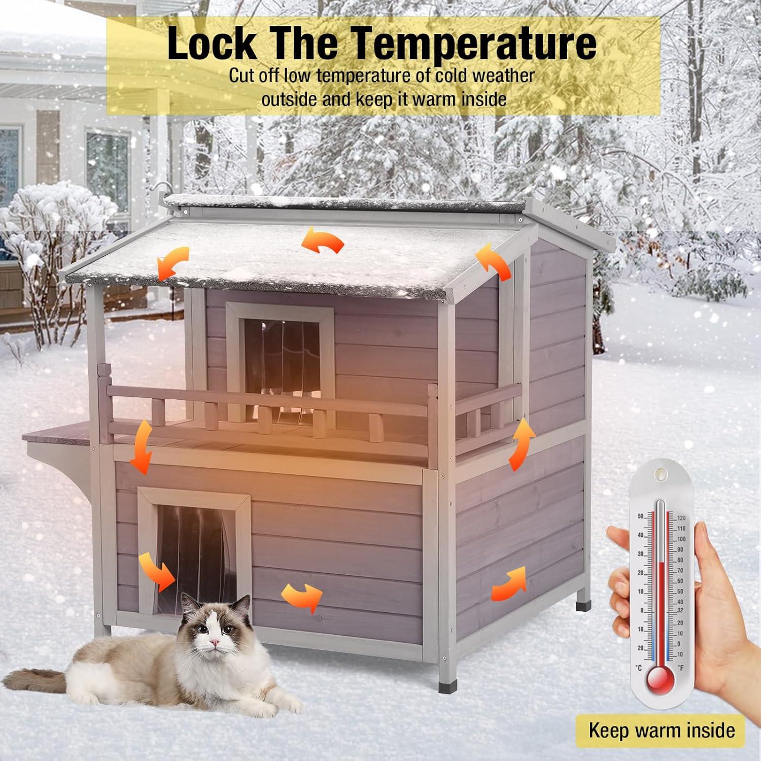 Insulated Two-Story Gray Outdoor Cat House with PVC Door