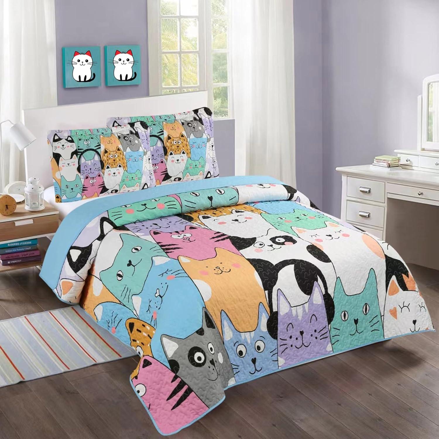 Blue Reversible Kids Full Cat Quilt Bedspread Set