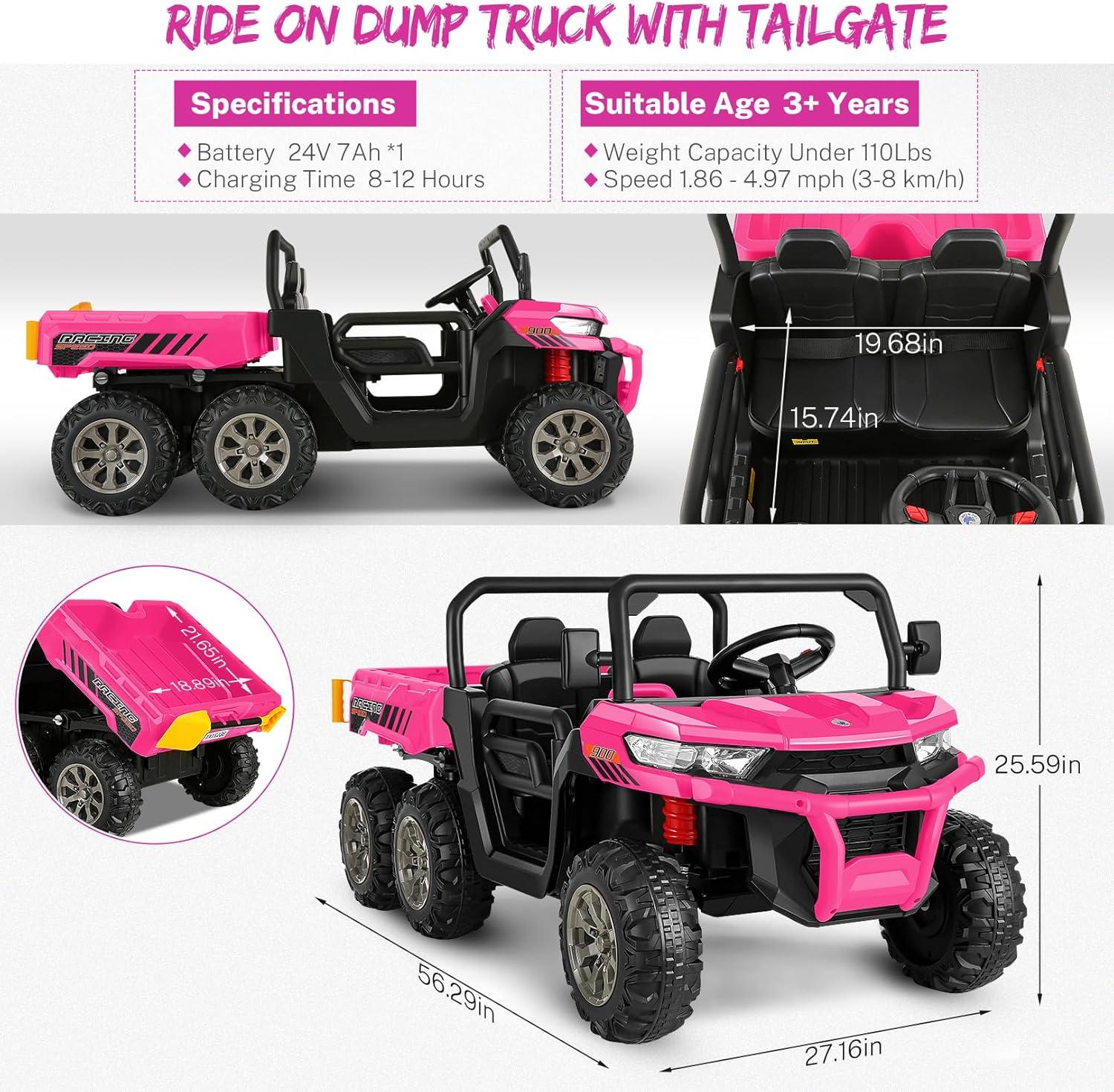 24V Kids Ride on Dump Truck with Remote Control, 2 Seater Powered 4-Wheel UTV Toys, 2x200W Ride on Tractor Car w/ Electric Dump Bed, Shovel, Bluetooth Music, Pink