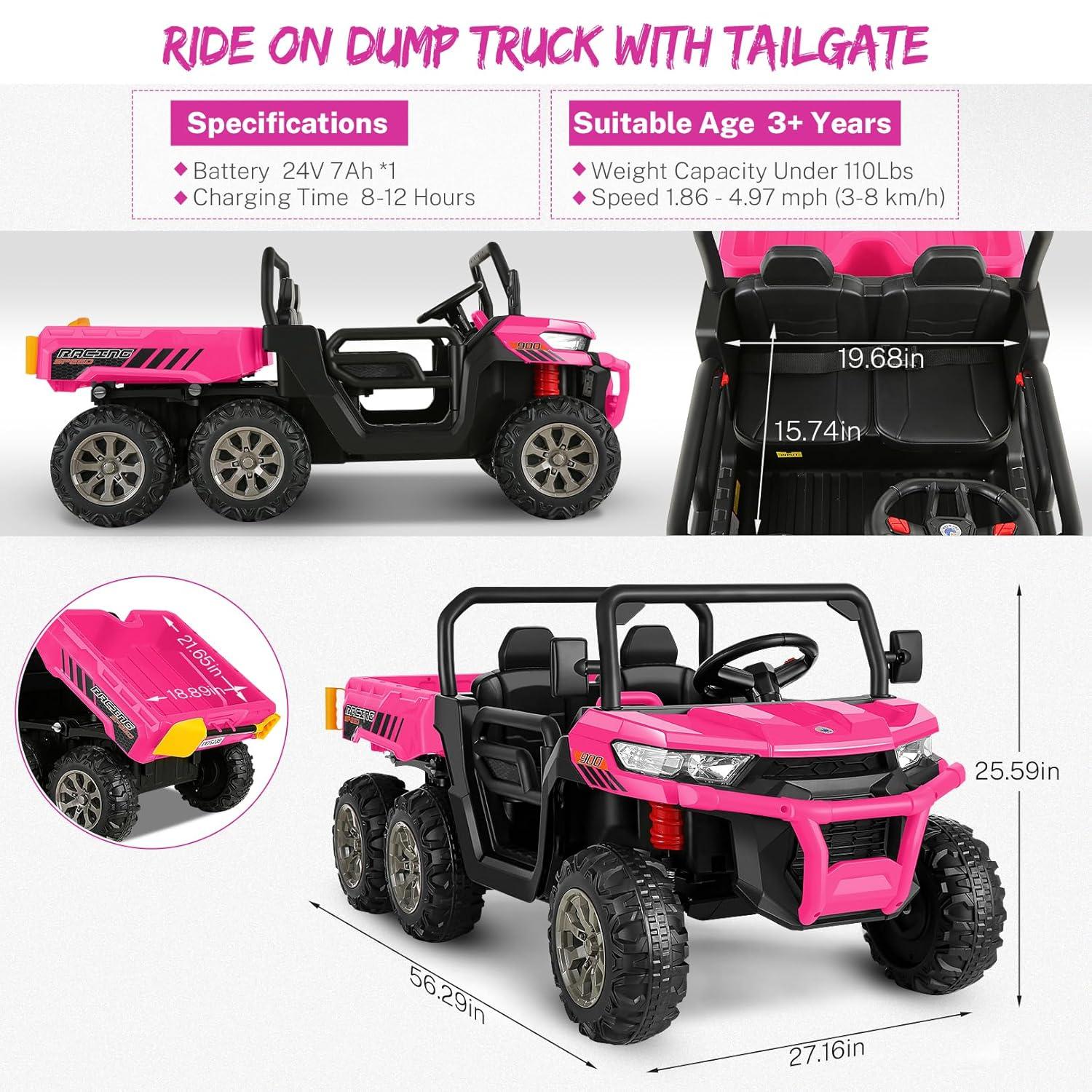 VIBESPARK 24 Volt Ride on Toys with Dump Bed, 2-Seater Ride on Dump Truck, 2×200W Electric Car for Kids Ride on UTV w/ Remote Control, Shovel, Bluetooth, Music, LED Light, 5MPH, Blue