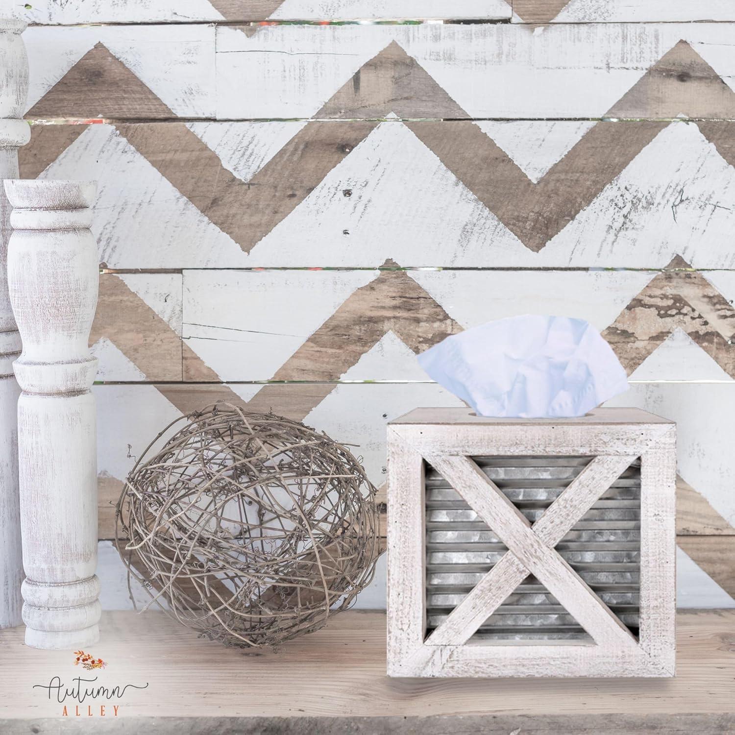 Autumn Alley White Barn Door Tissue Box Cover with Galvanized Metal