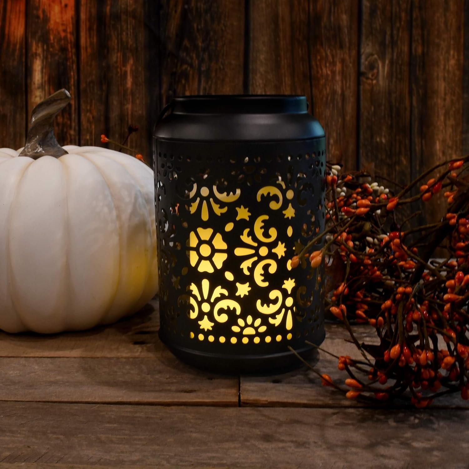 Black Iron Cylinder Hanging Lantern with LED Candle