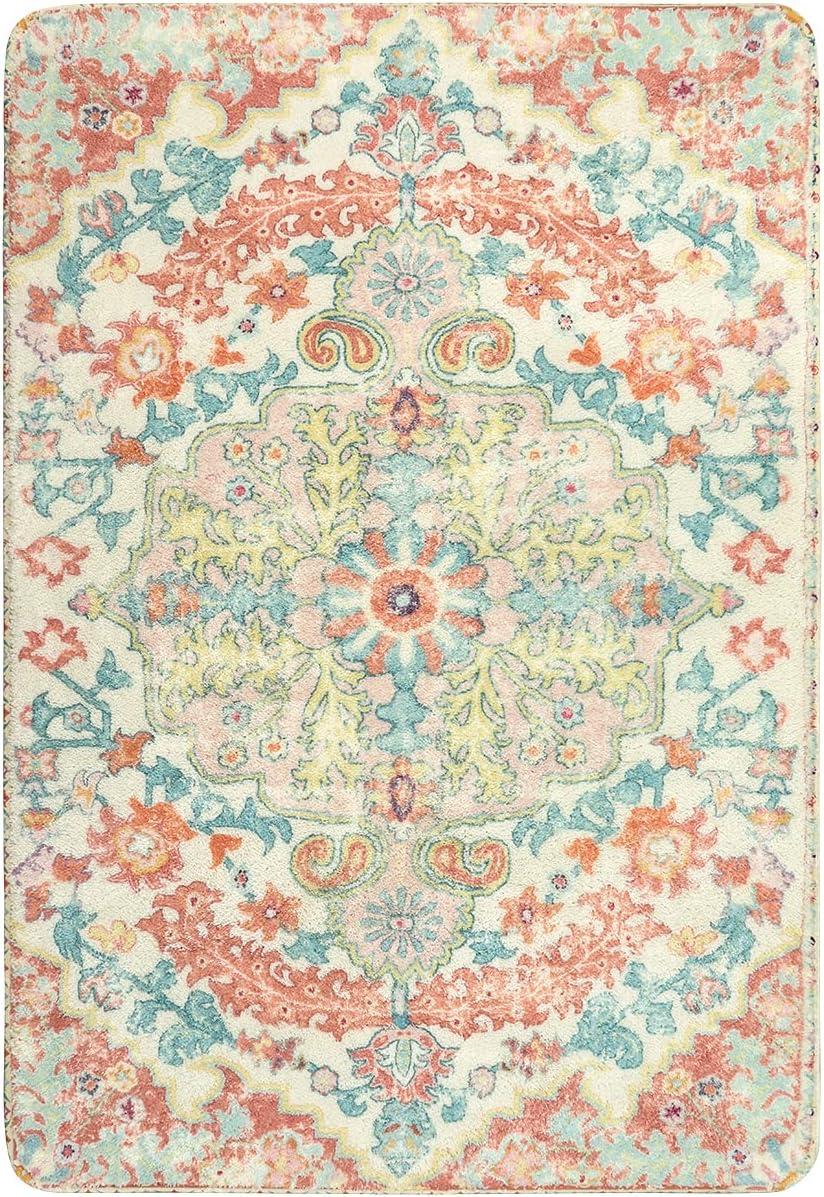 Moynesa 2'x3' Bohemian Area Rug, 2x3ft Small Boho Washable Bathroom Entryway Kitchen Rug,Floral Medallion Non Slip Pet Friendly Vintage Throw Carpet for Front Door Sink Living Room Bedroom, Orange