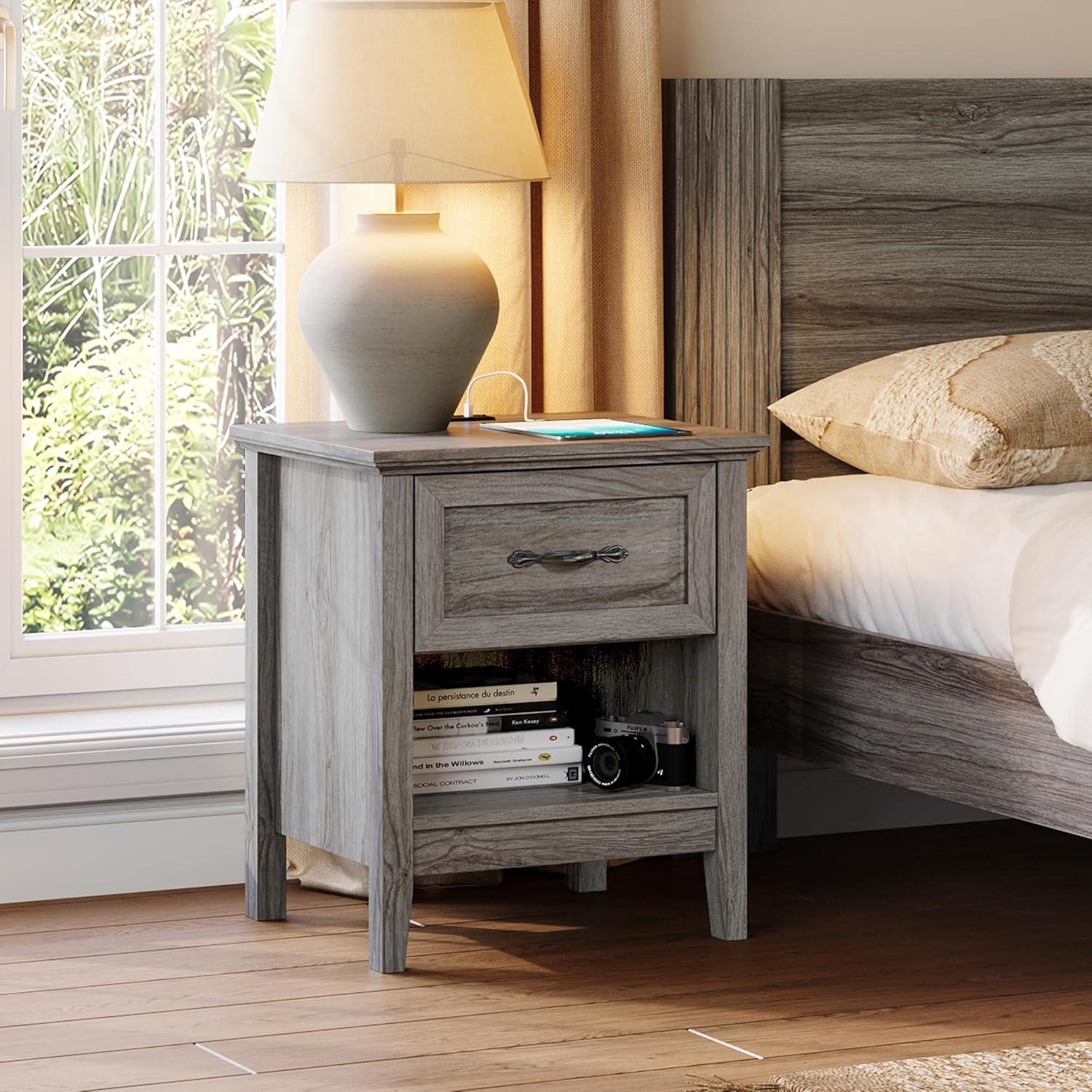 Gray Farmhouse Wood Nightstand with Charging Station and Drawer