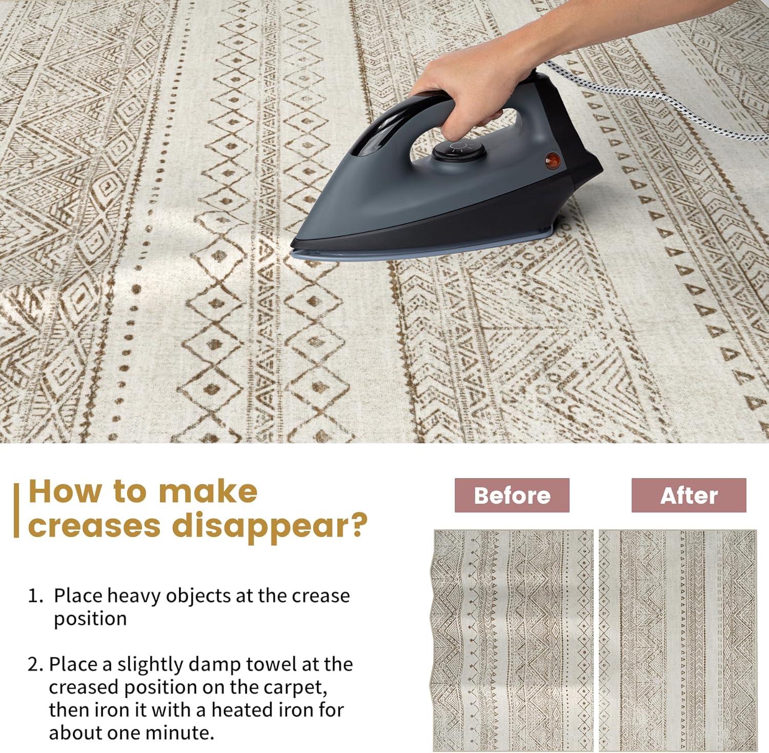 FairOnly 9'x12' Brown White Area Rugs Machine Washable Vintage Rugs for Bathroom Geometric Moroccan Ultra-Thin Area Rugs for Family Room Living Room Carpet