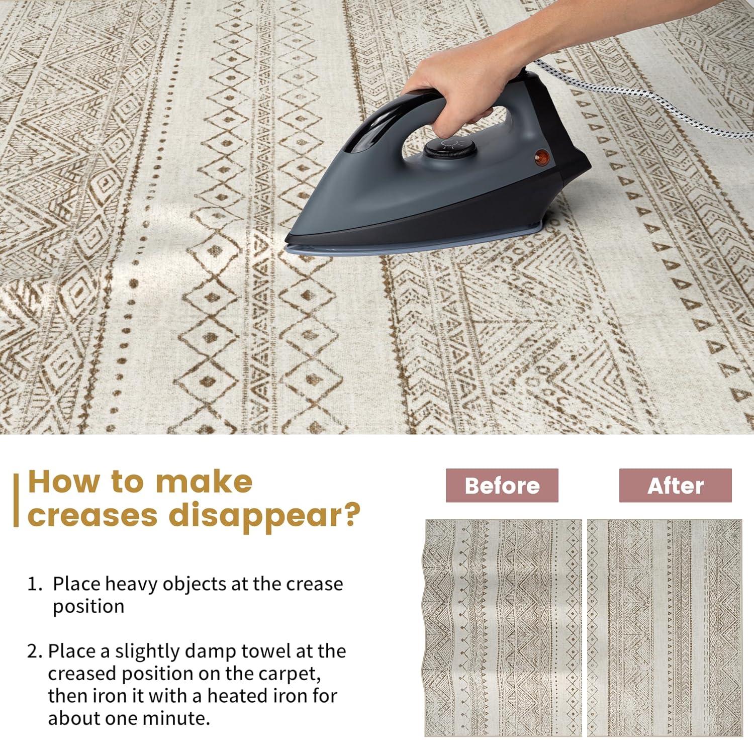 FairOnly 9'x12' Brown White Area Rugs Machine Washable Vintage Rugs for Bathroom Geometric Moroccan Ultra-Thin Area Rugs for Family Room Living Room Carpet