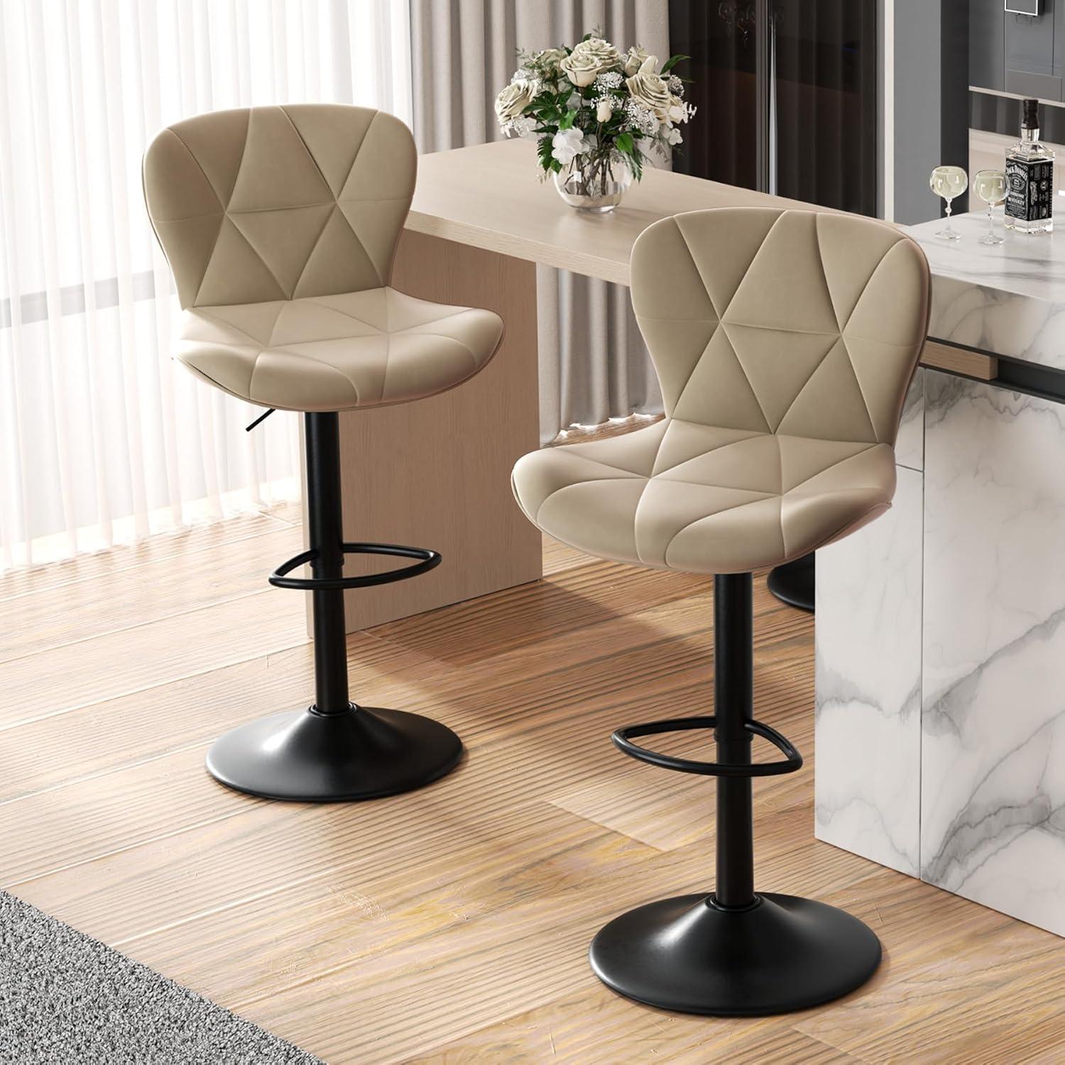 Modern Bar Stool Set of 2, Adjustable Faux Leather Upholstered Swivel Counter Stools, Counter Barstools with Back for Kitchen Island, Khaki