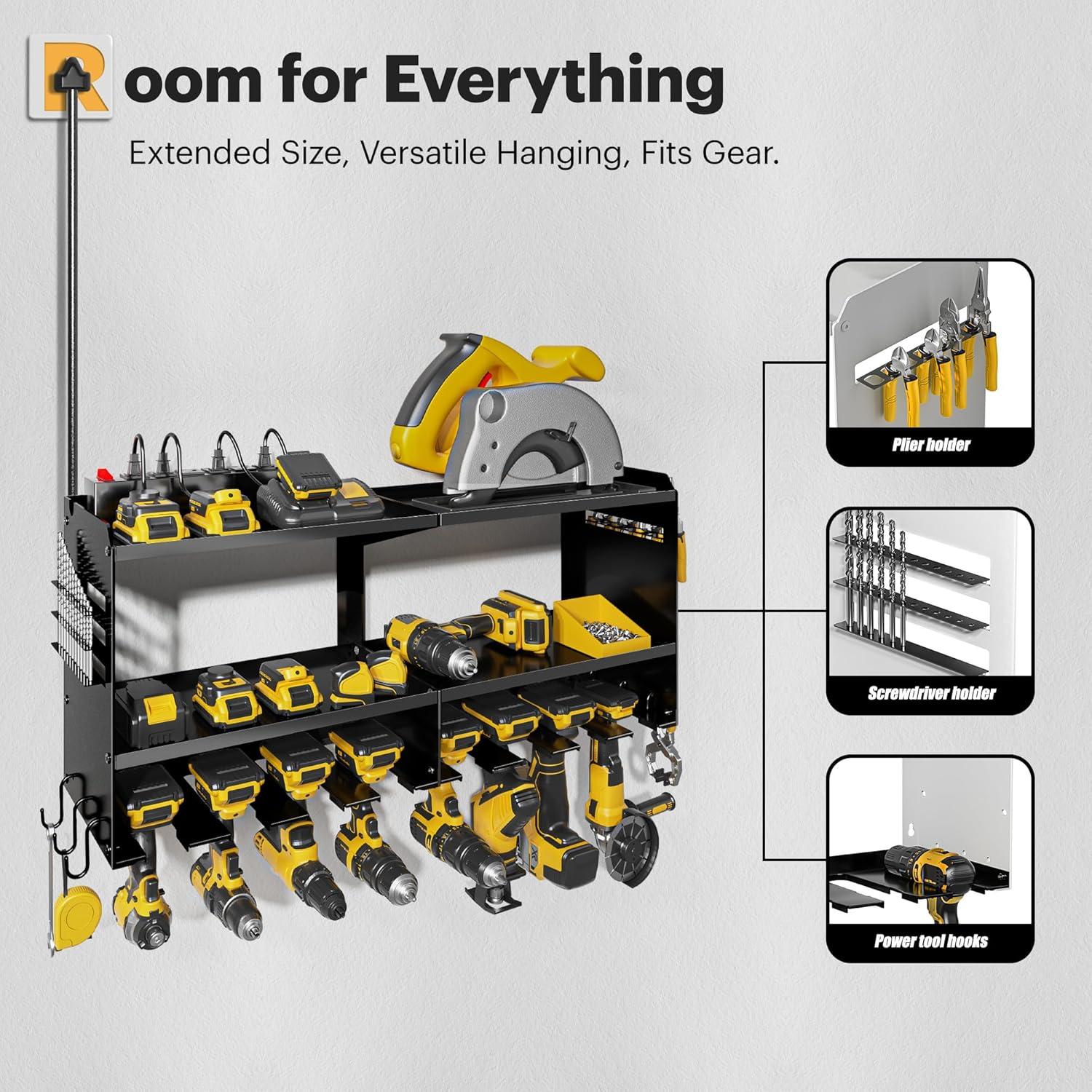 Spampur Power Tool Organizer Wall Mount with Charging Station, Garage Tool Shelf 6 Drill Holders, Tool Battery Holder with Plier holder Heavy Duty Rack, Tool Storage Rack with 4 Outlet Power Strip