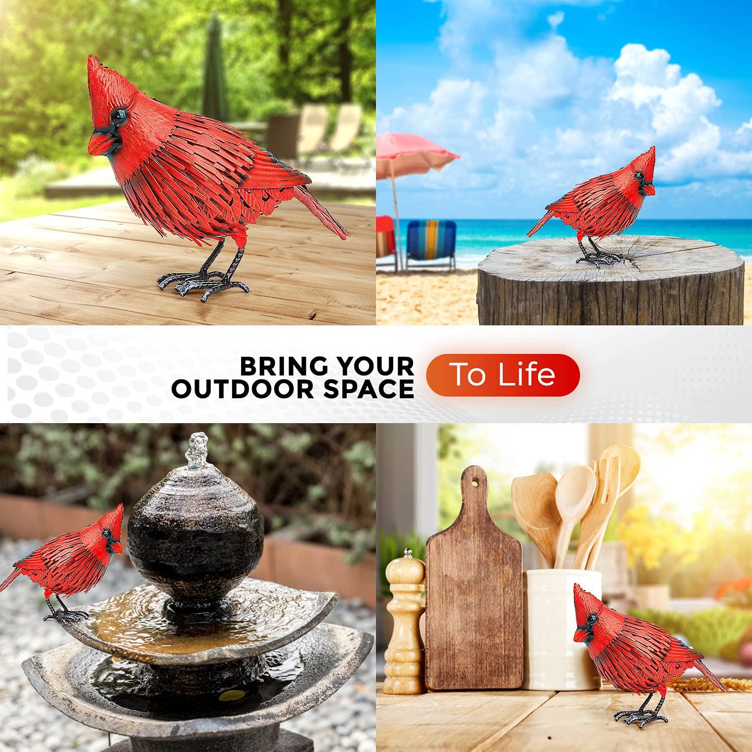 Cardinal Metal Bird Yard Art- Large Red Bird Outdoor Spring Decoration- Handmade Metal Garden Decor - Collectible w/Unique Realistic Design