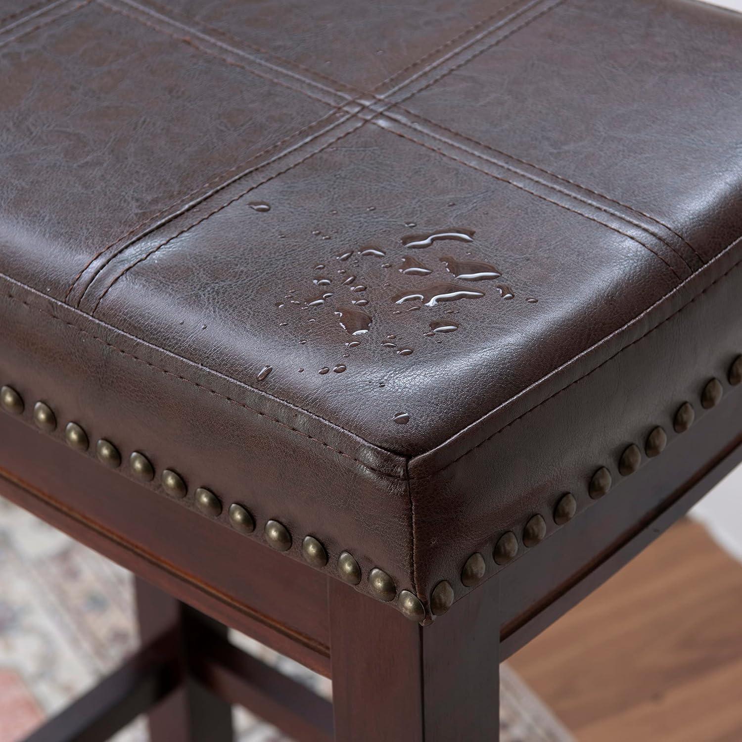 Linon Claridge Backless Wood Bar Stool, 32" Seat Height, Dark Brown Finish with Brown Faux Leather Fabric