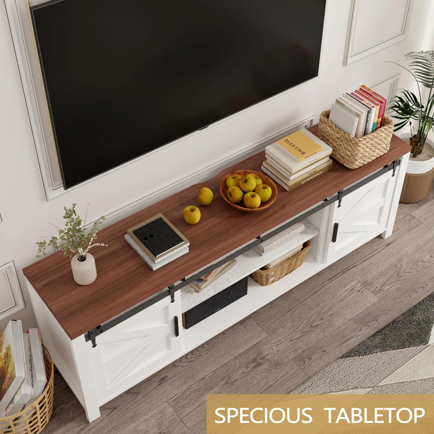White and Brown Wood Farmhouse TV Stand with Sliding Barn Doors