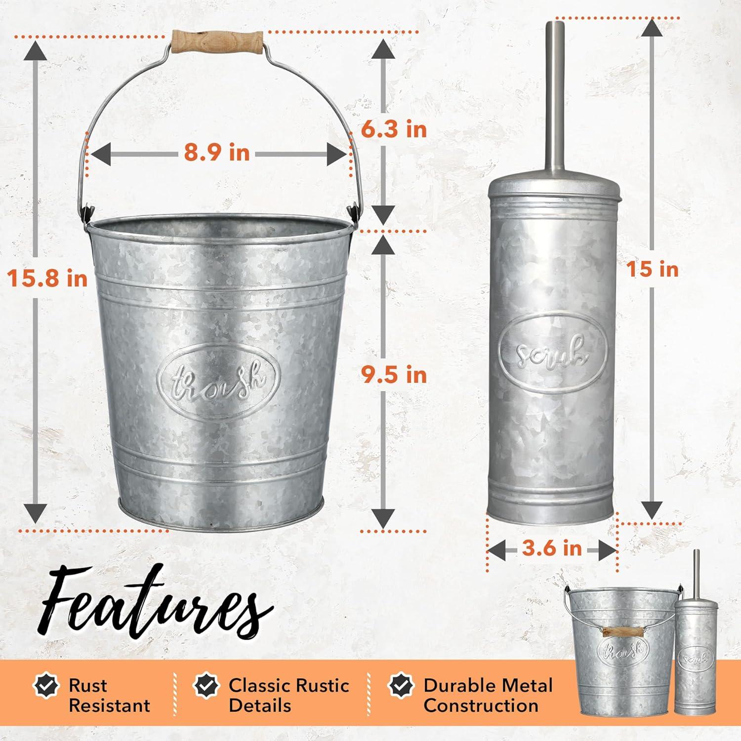 Galvanized Steel Rustic Bathroom Trash Can and Toilet Brush Set