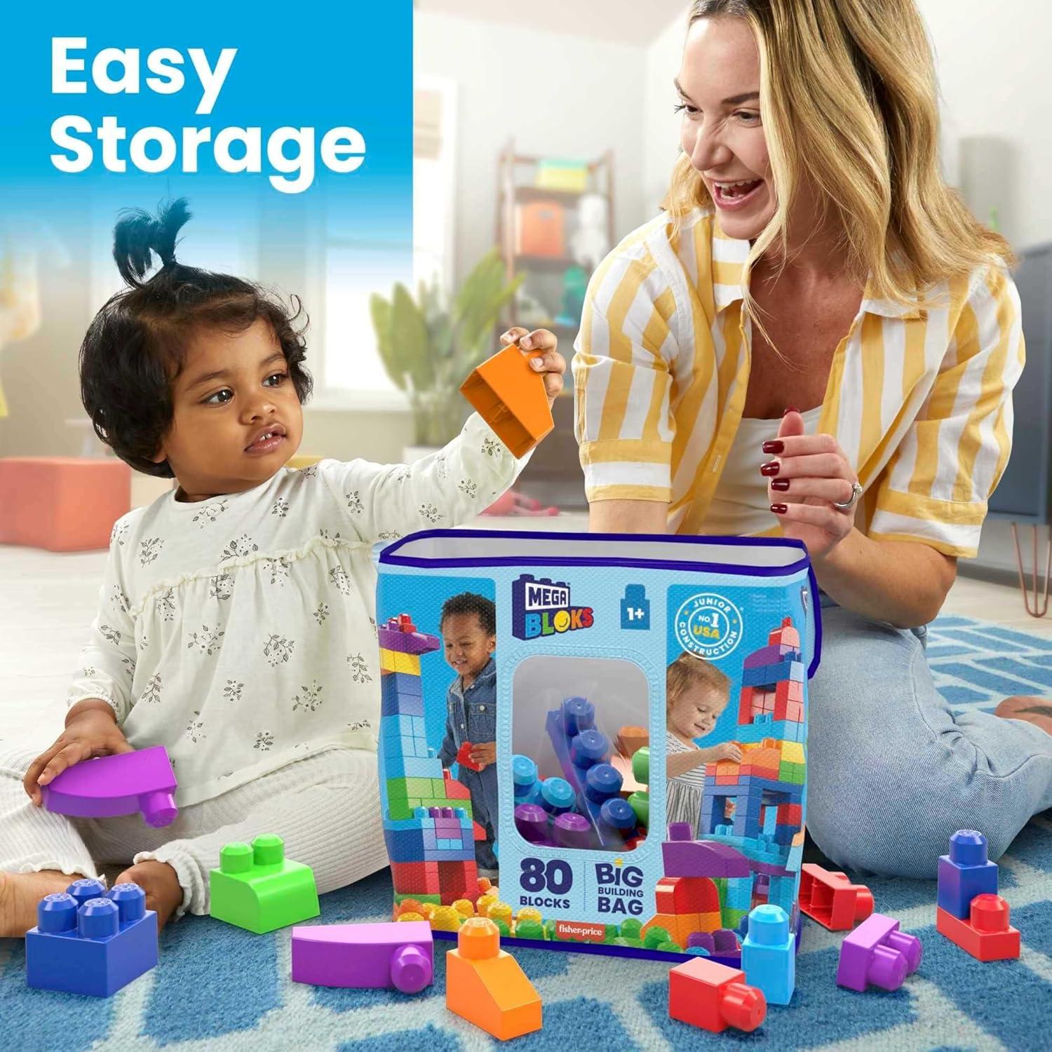 MEGA BLOKS Fisher-Price Toy Blocks Blue Big Building Bag with Storage (80 Pieces) for Toddler