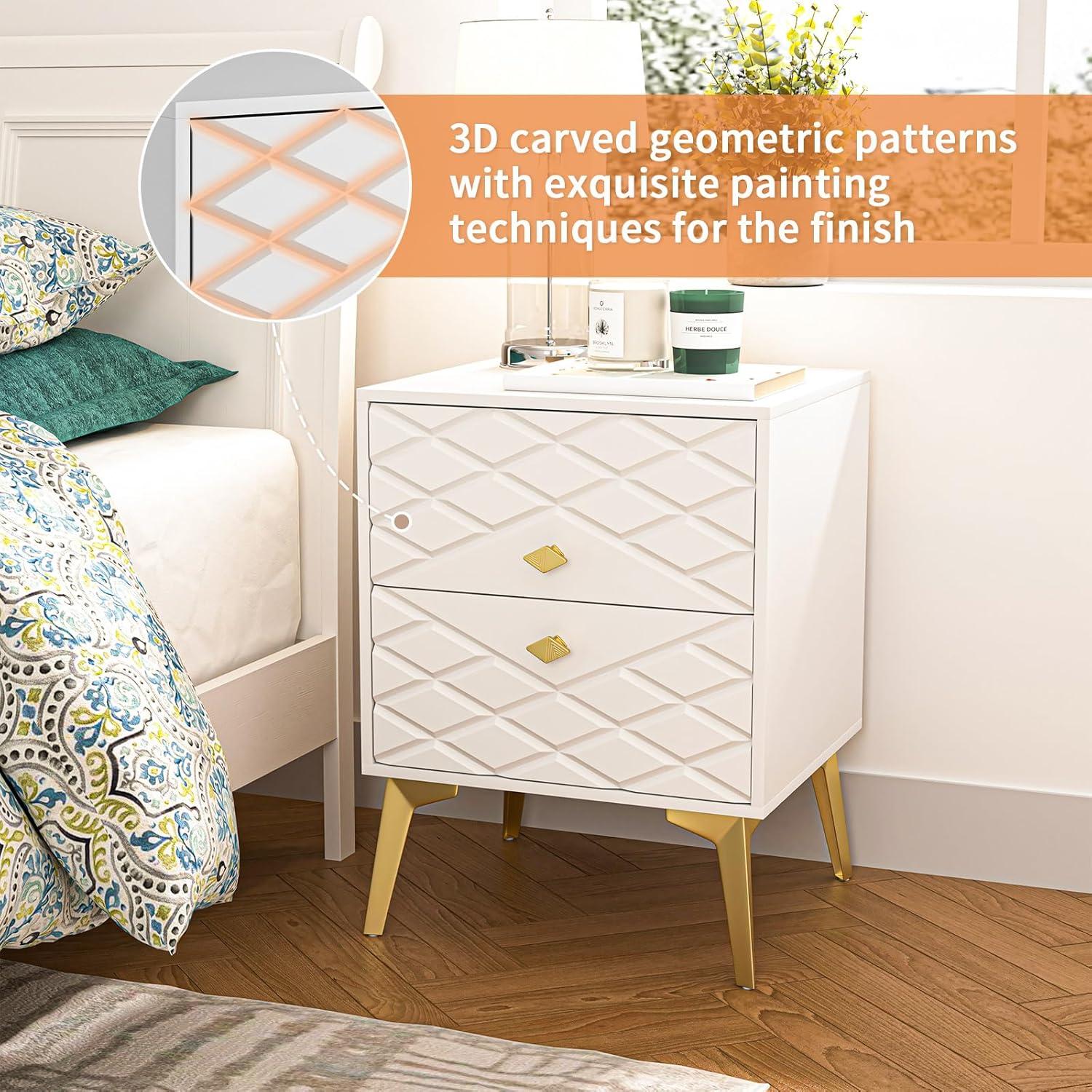 White and Gold Nightstand Set of 2,Modern Bedside Table with 2 Drawer for Bedroom,End Side Table with Gold Legs for Living Room,White Night Stand Set 2 for Bedroom