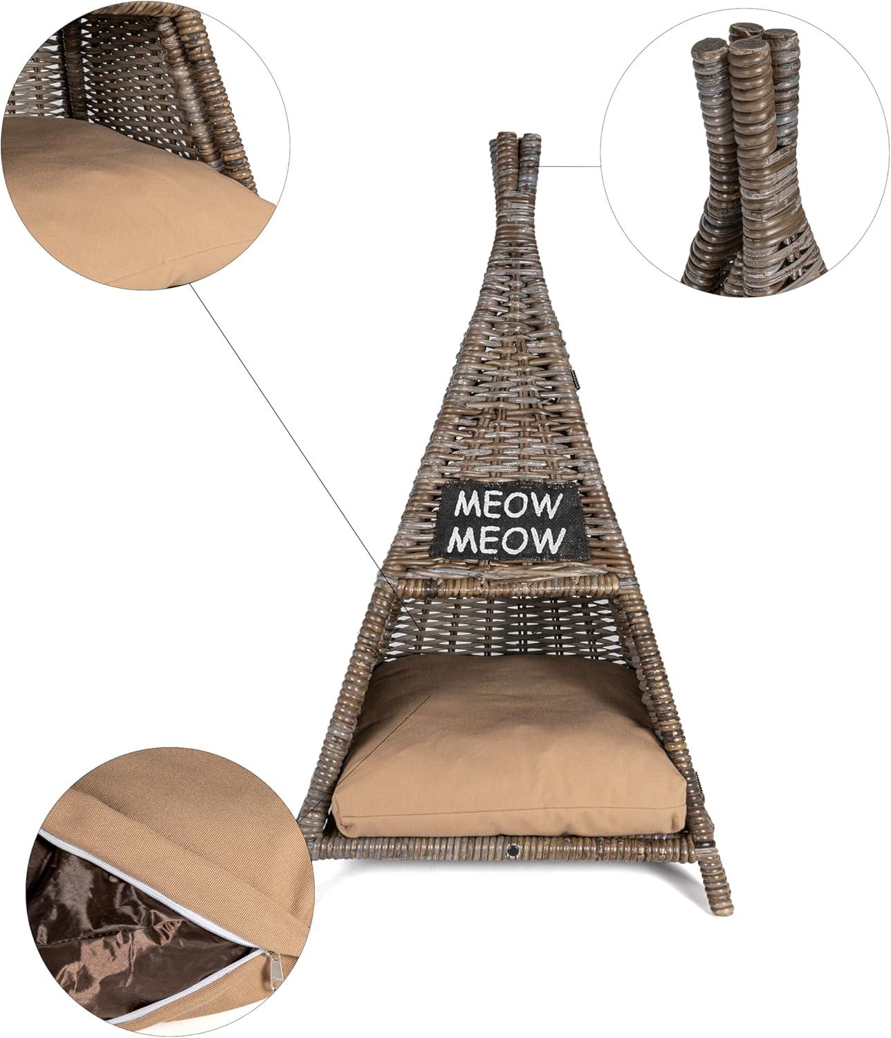 Tiki Tent 20" x 20" Coastal Handwoven Rattan Cat Bed with Machine-Washable Cushion, Kubu Gray