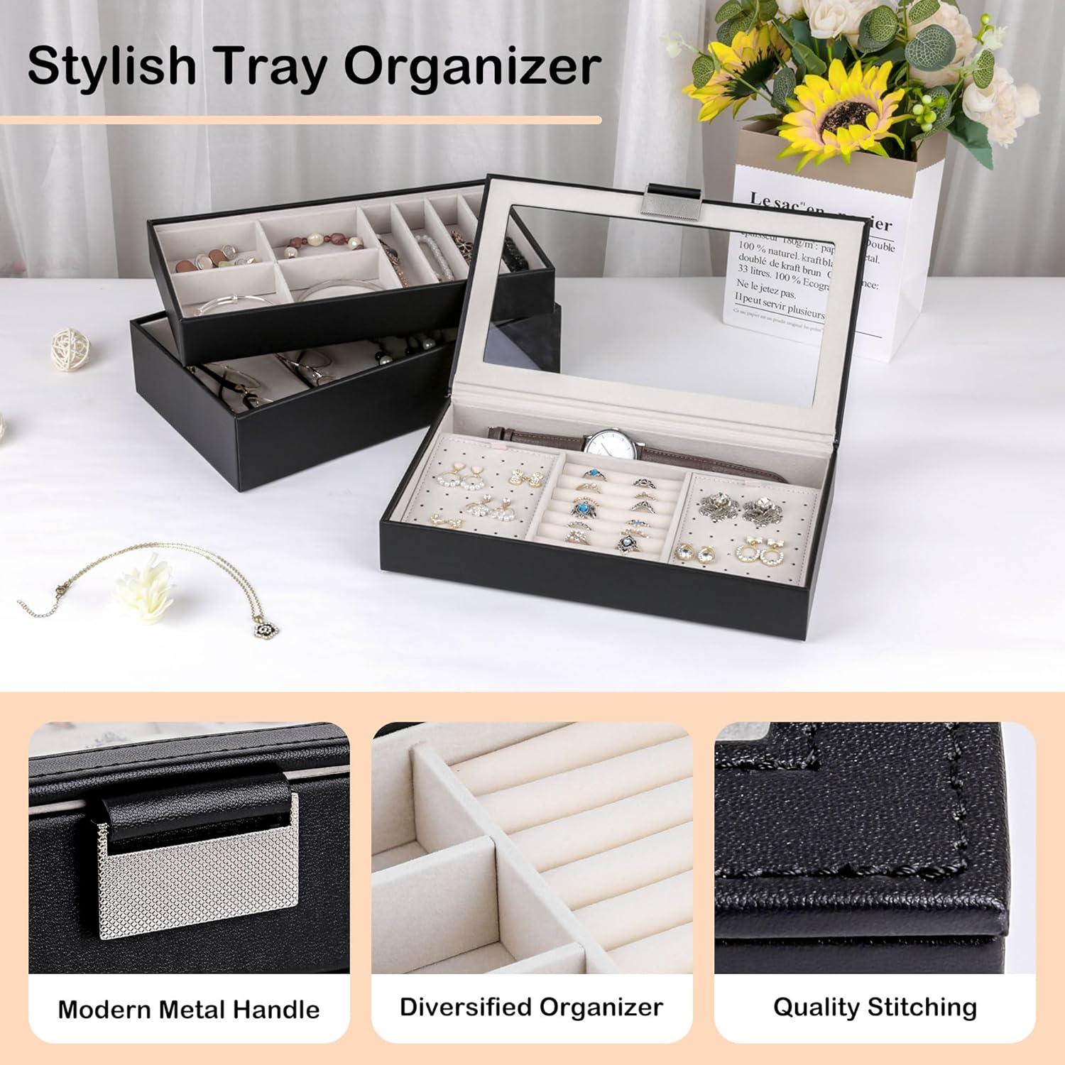 Latitude Run® Stackable Jewelry Trays, 4-Tier Jewelry Box, Drawer Jewelry Organizer, With Glass Lid, Removable Dividers, For Vanity Table, 6.7 X 11 X 7.2 Inches, Cloud White