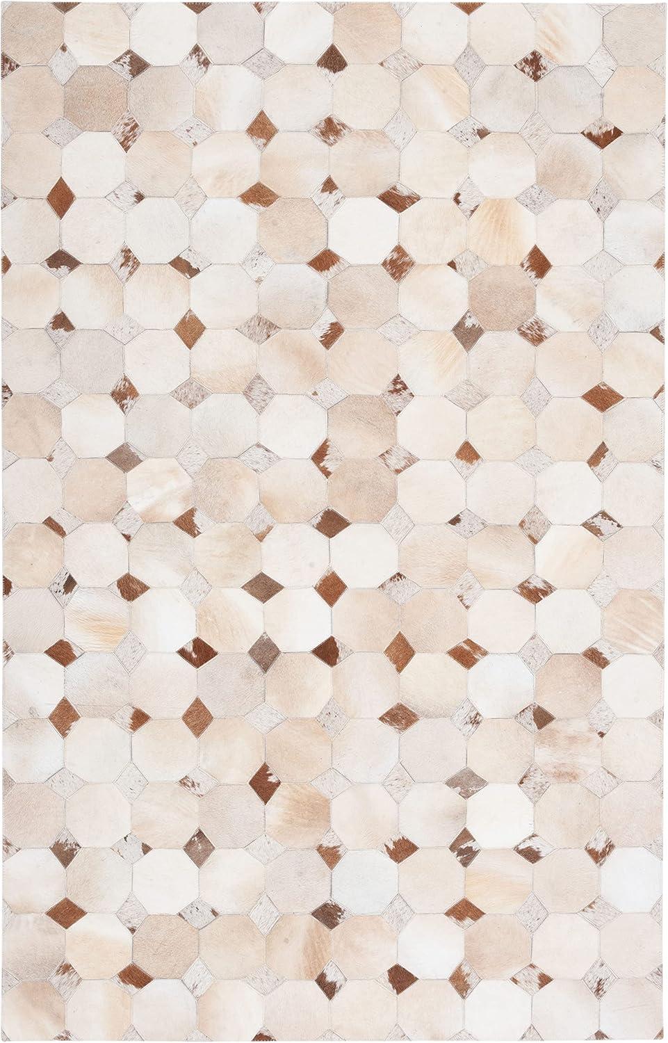 Ivory and Brown Geometric Cowhide Flat Woven Rug, 8' x 10'