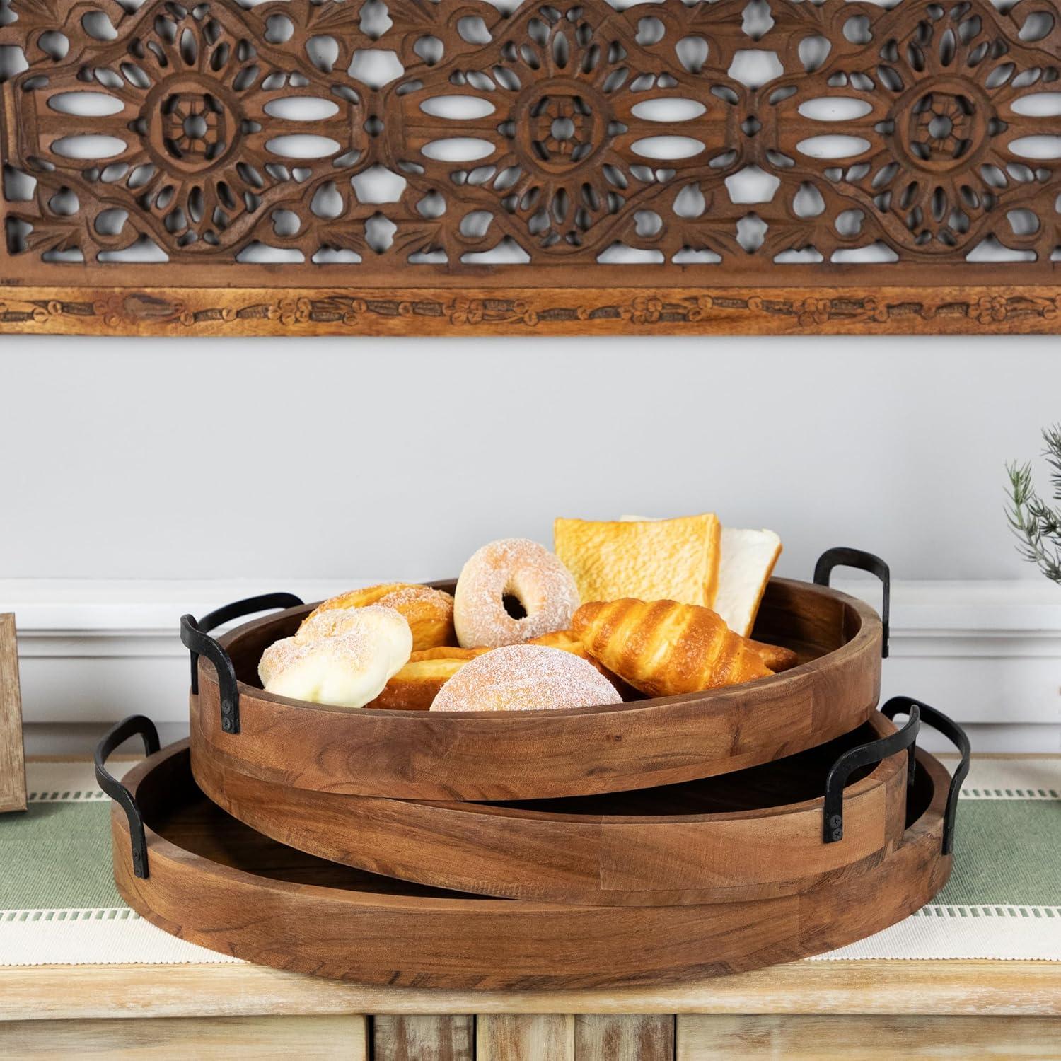 Set of 3 Acacia Wood Trays with Metal Handles