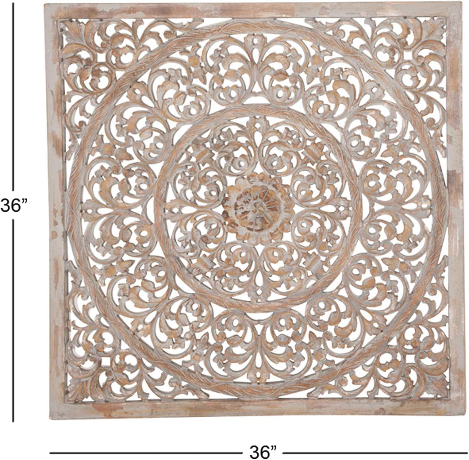 DecMode Brown Wood Handmade Intricately Carved Floral Wall Decor with Mandala Design