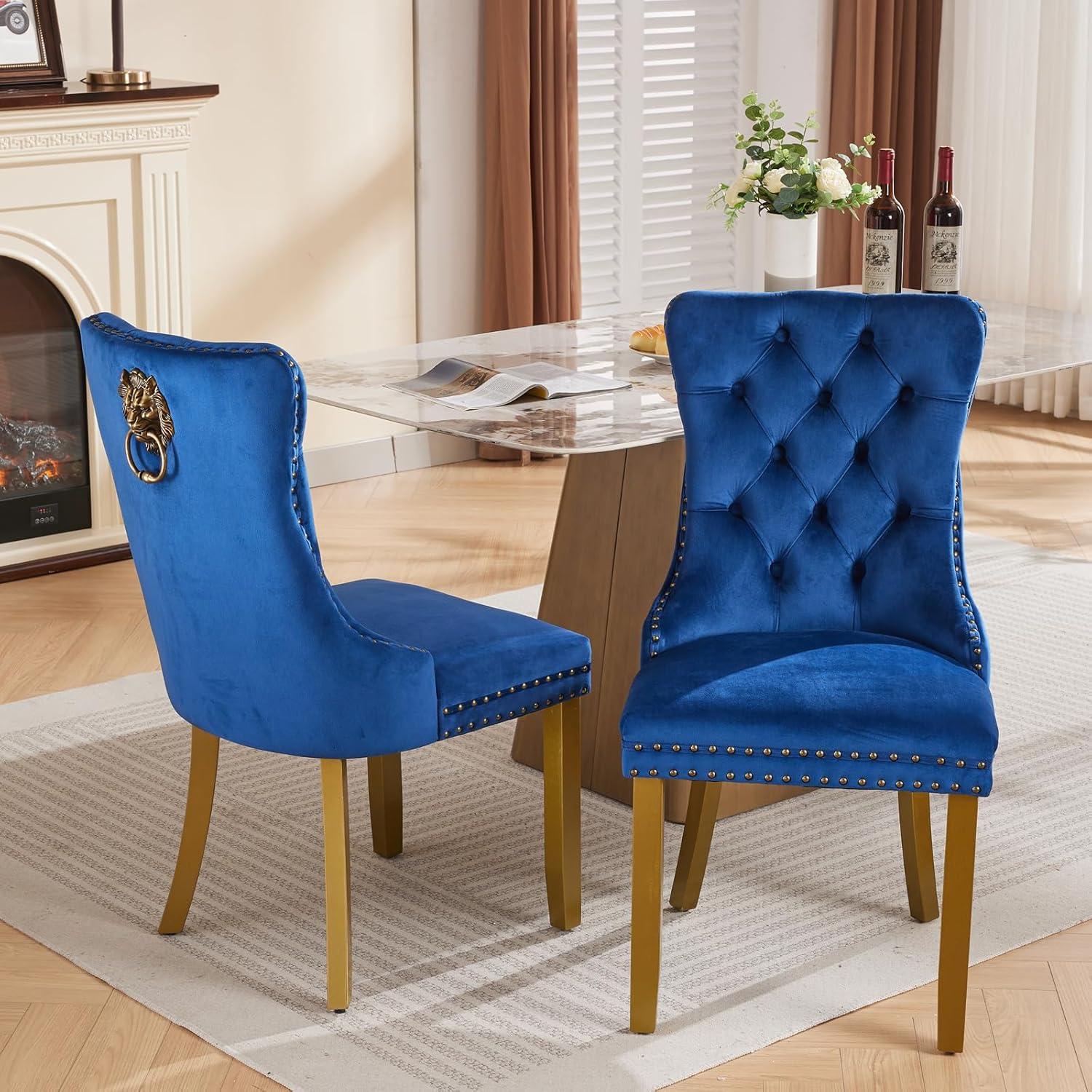 Velvet Upholstered Dining Chairs, Set of 2, Dining Room Tufted Chair, Modern Button Tufted Armless Chairs with Nailhead Trim and Back Ring Pull, Gold Legs, for Dining Room, Kitchen, Navy