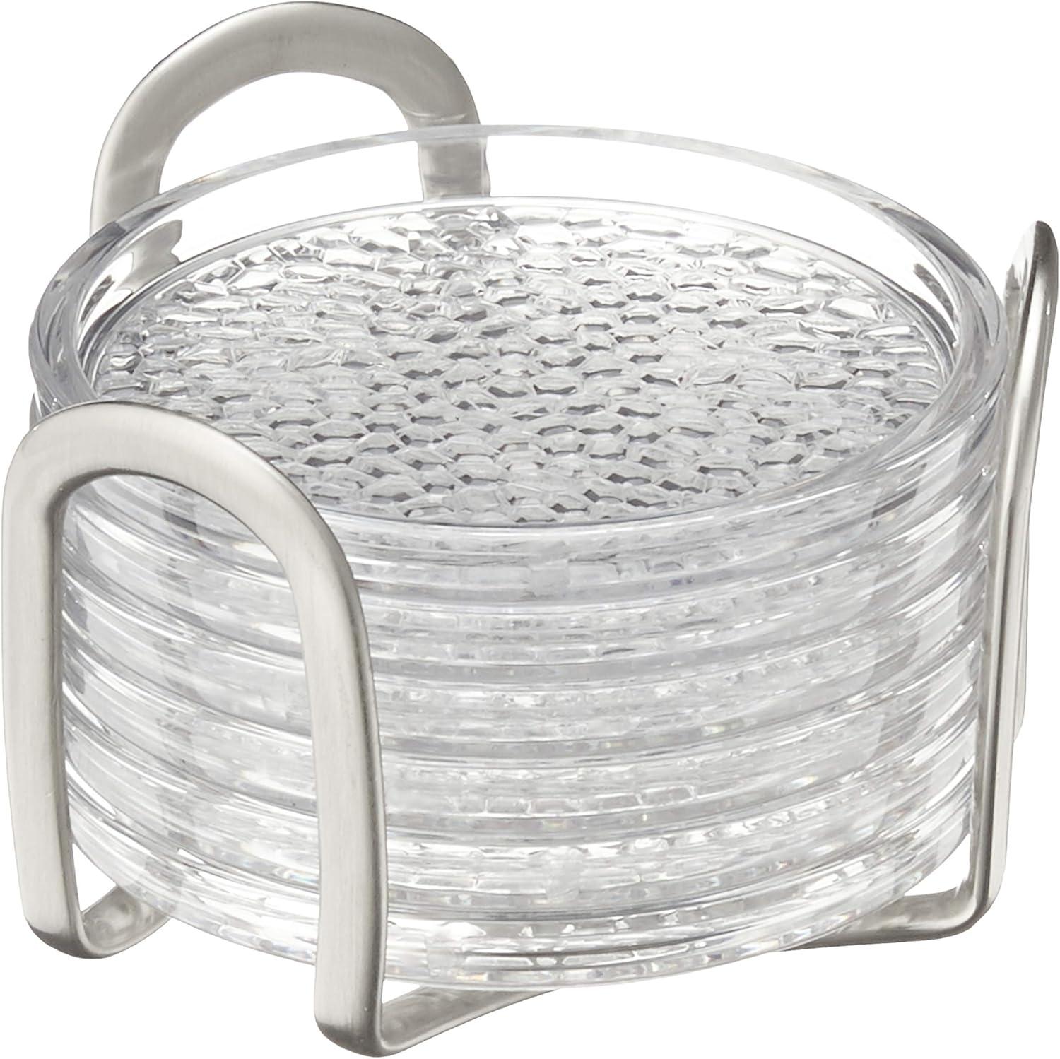 Clear Textured Resipreme and Stainless Steel Drink Coasters with Holder, Set of 6