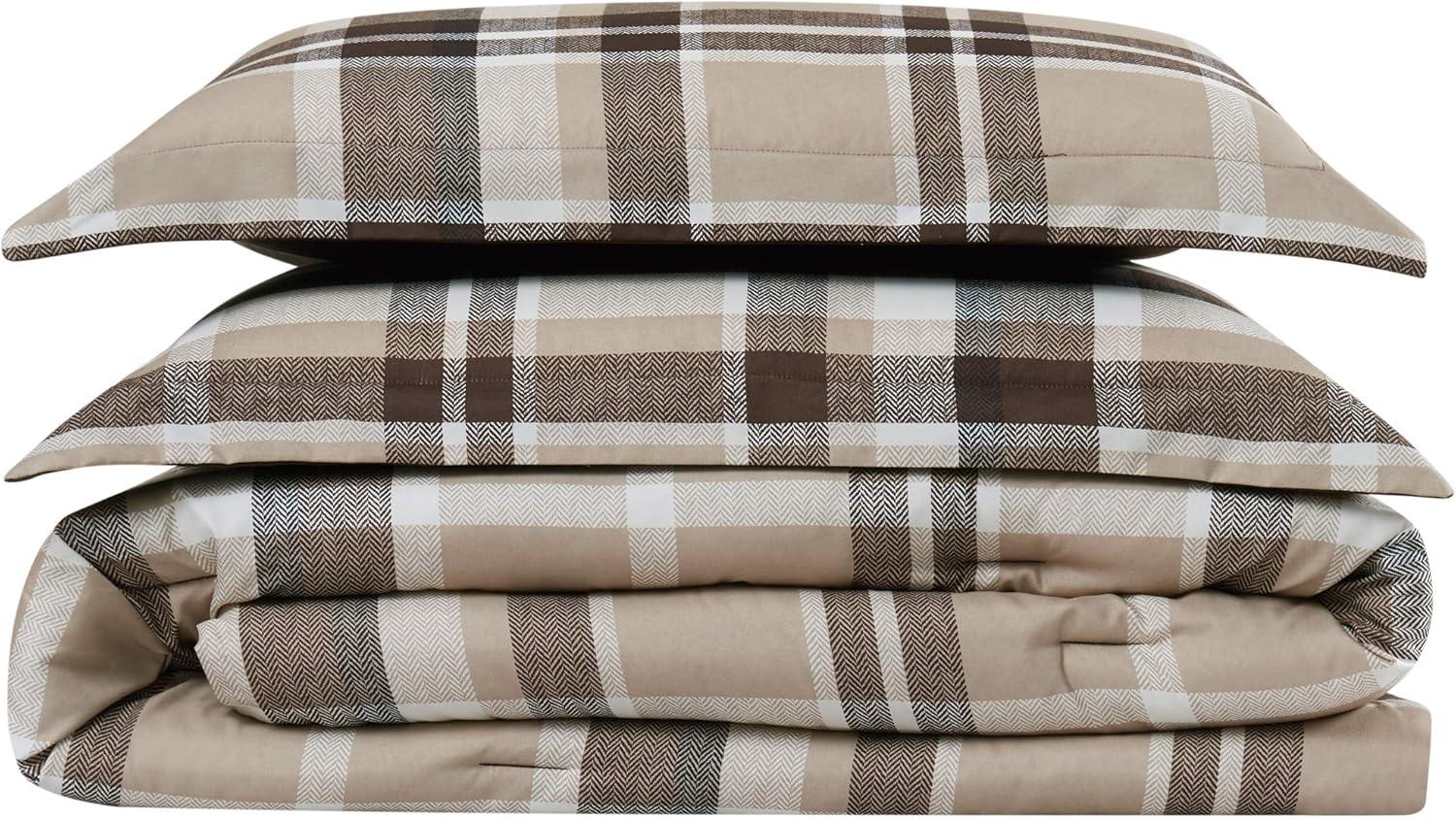 Taupe Plaid Microfiber Full Comforter Set with Shams