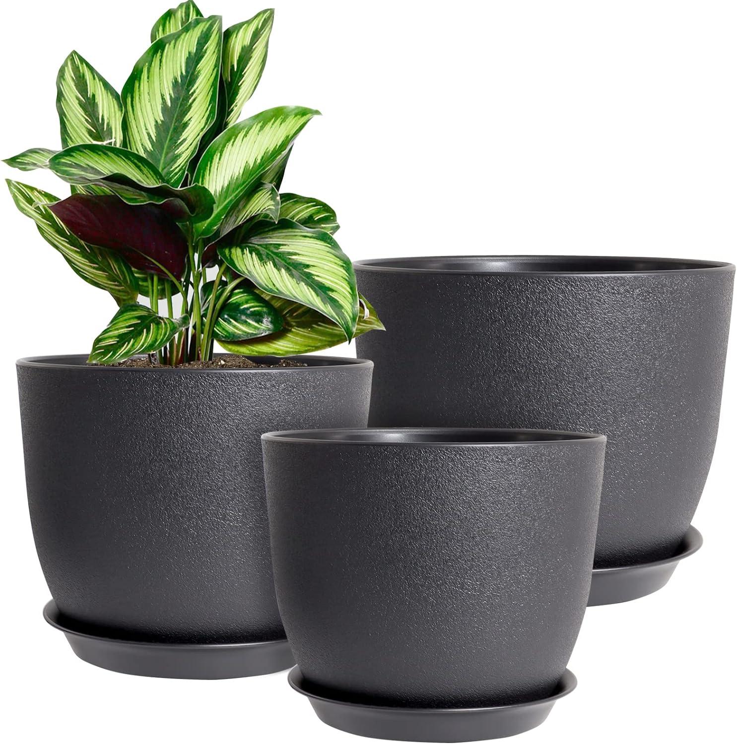 Gardrium Plant Flower Pots 10/9/8 inch Set of 3, Plastic Planters with Drainage Hole for Indoor Outdoor Garden, Black C9