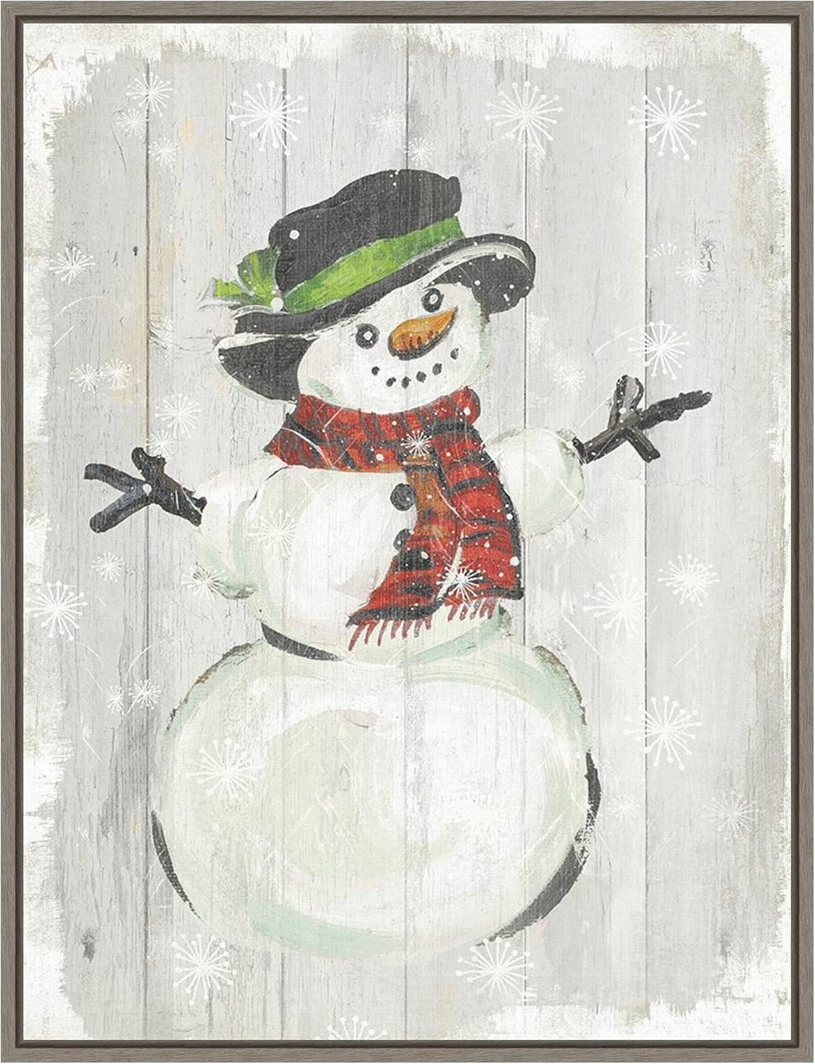 Holiday Snowman Framed Canvas Wall Art Print with Greywash Frame