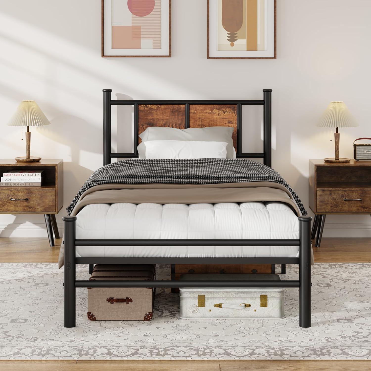 King Size Bed Frame with Rustic Wood Headboard, Metal Heavy Duty Platform, Sturdy Steel Slat Support, No Box Spring Needed, Black King Platform Bed Frame with Headboard