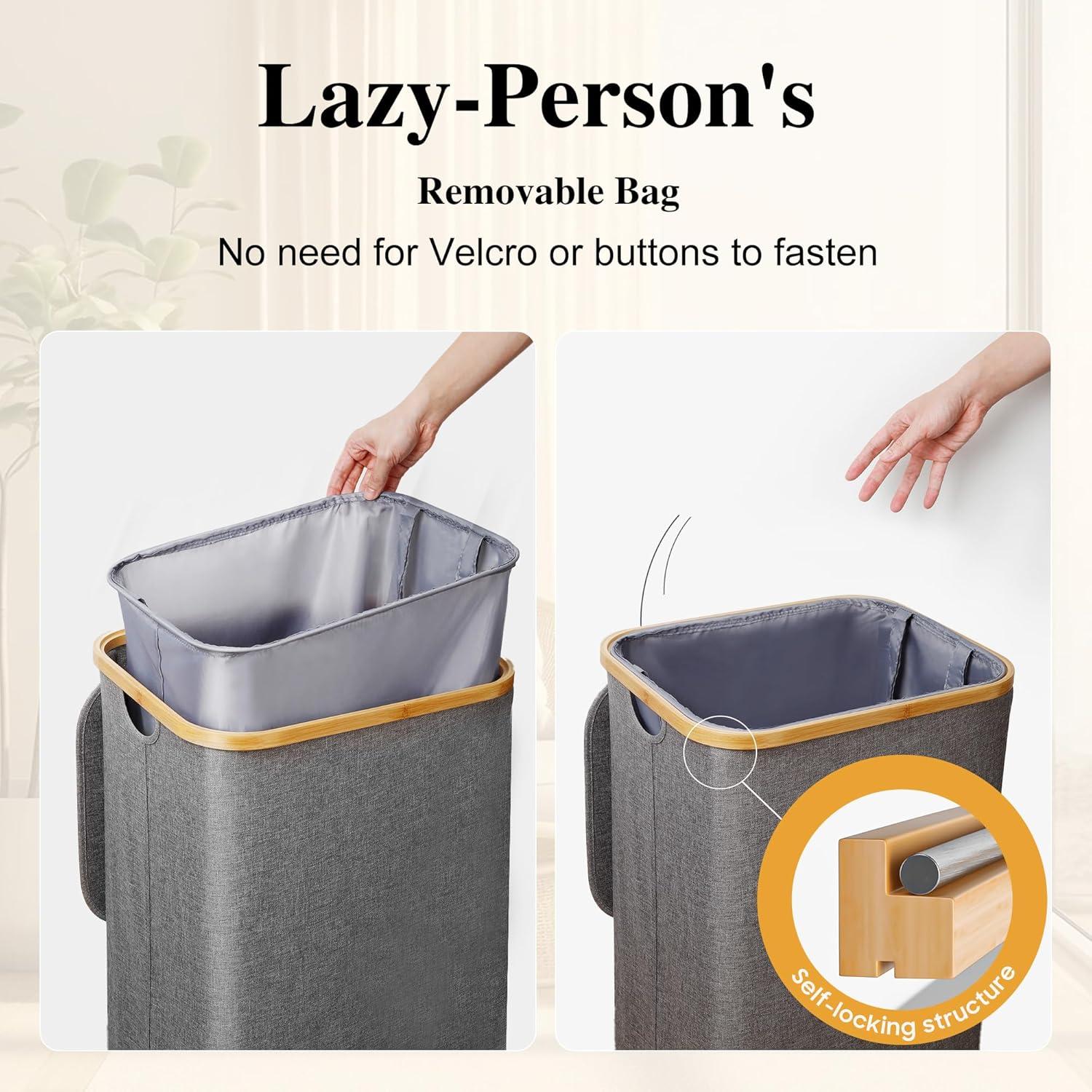 Large Laundry Hamper, 100L Waterproof Laundry Basket with Lid and Removable Bag, Collapsible Tall Clothes Hamper with Bamboo Handles for Clothes Toys in Dorm Bedroom Bathroom, Grey