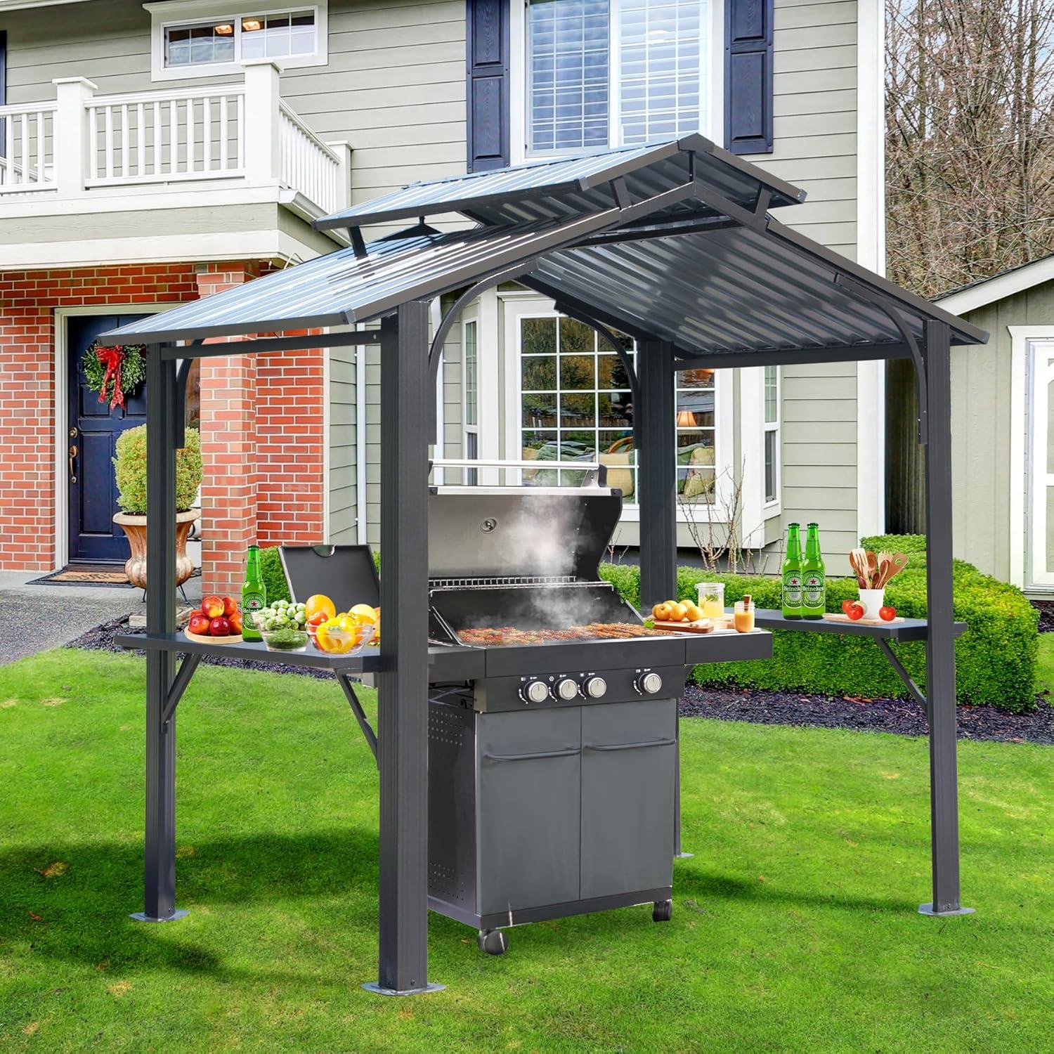 Domi 8x5FT Gray Steel Hardtop Grill Gazebo with Shelves