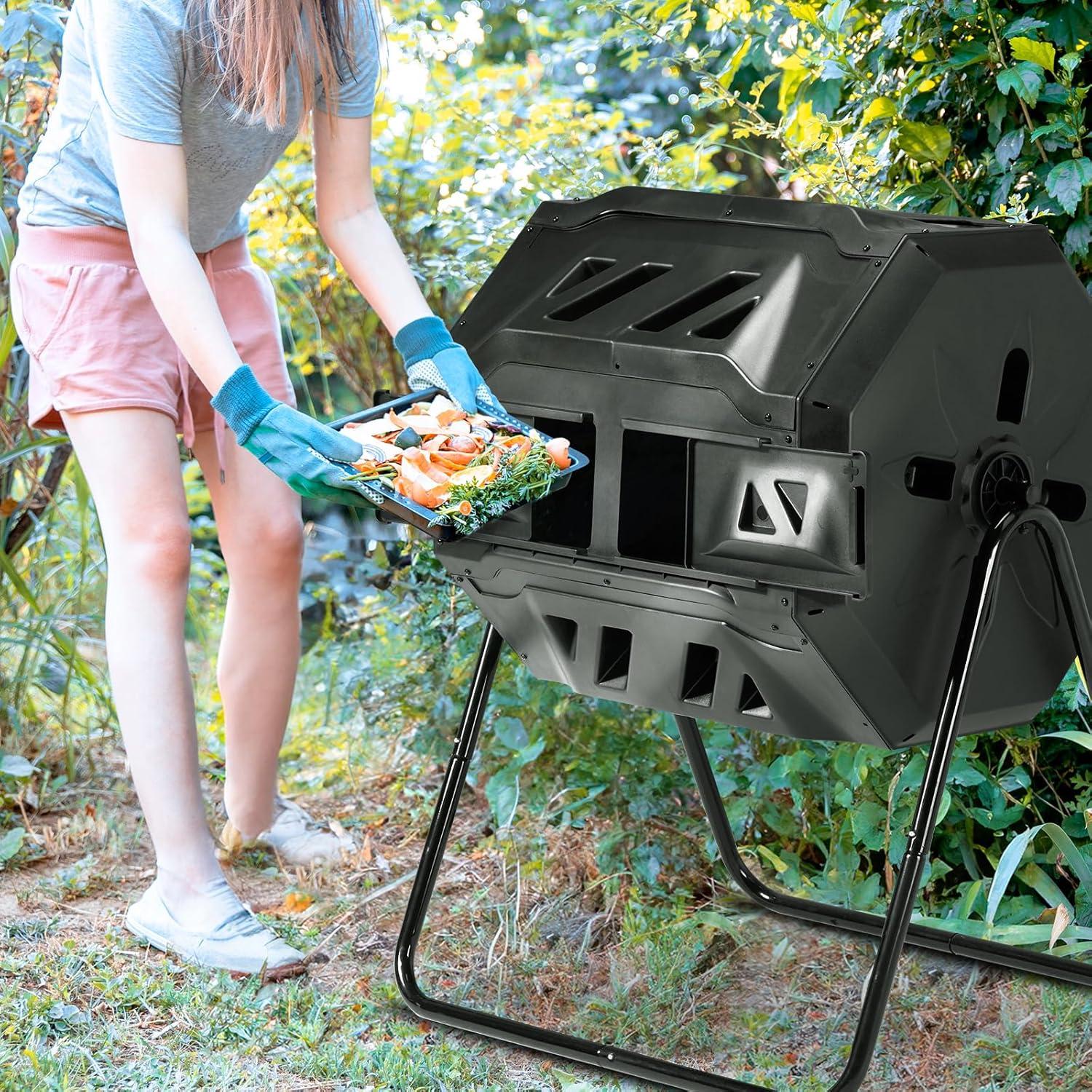 Pure Garden Compost Tumbler - 43Gal Compost Bin with Dual Chambers, 360-Degree Rotating Design, and Garden Gloves Included - Homesteading Supplies