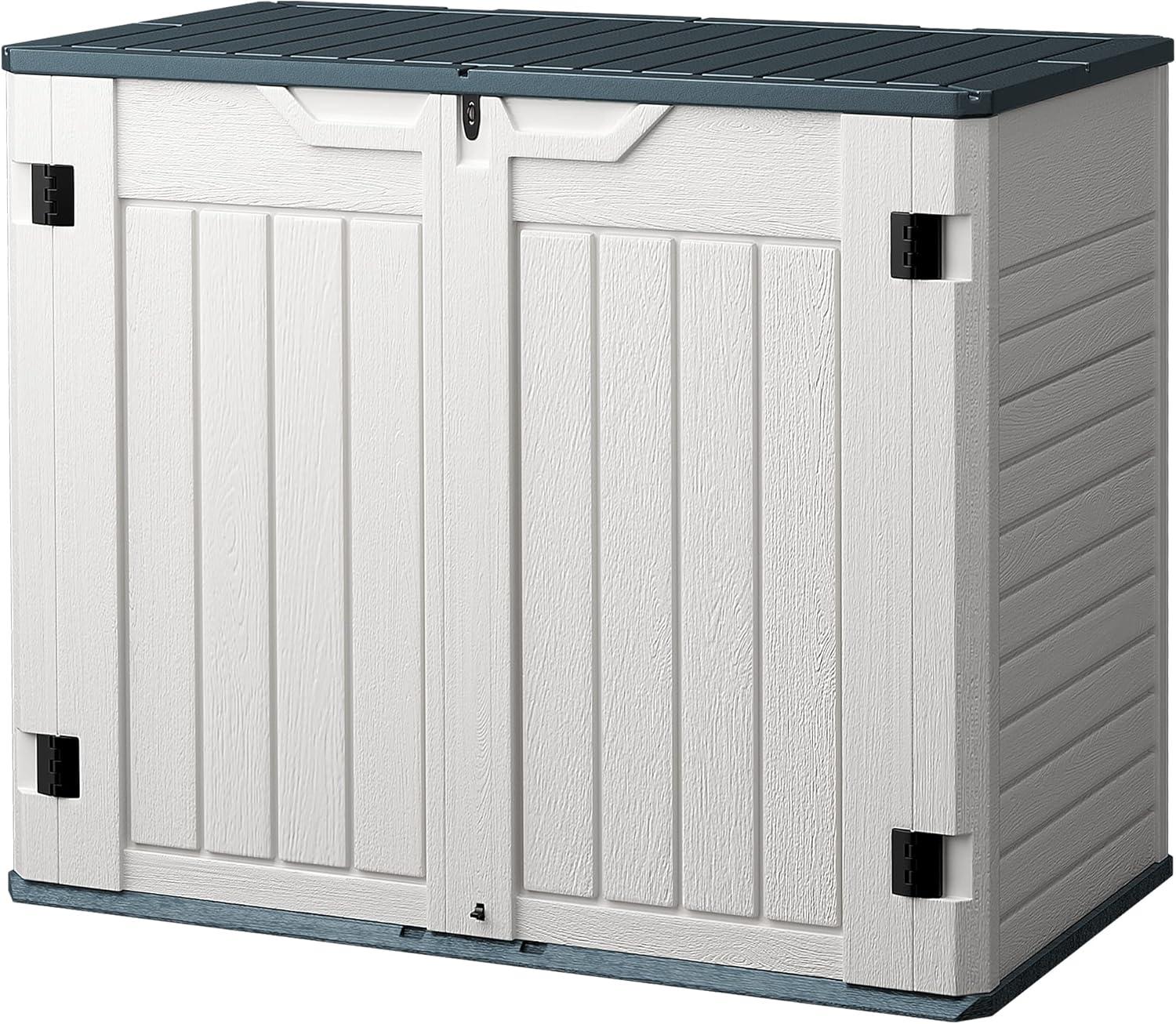 Jummico Horizontal Outdoor Resin Storage Shed 34 Cu. Ft. Garden Storage Extra Large Capacity Weather Resistant Storage Box for Bike, Garbage Cans, Lawnmowe, Garden Accessories