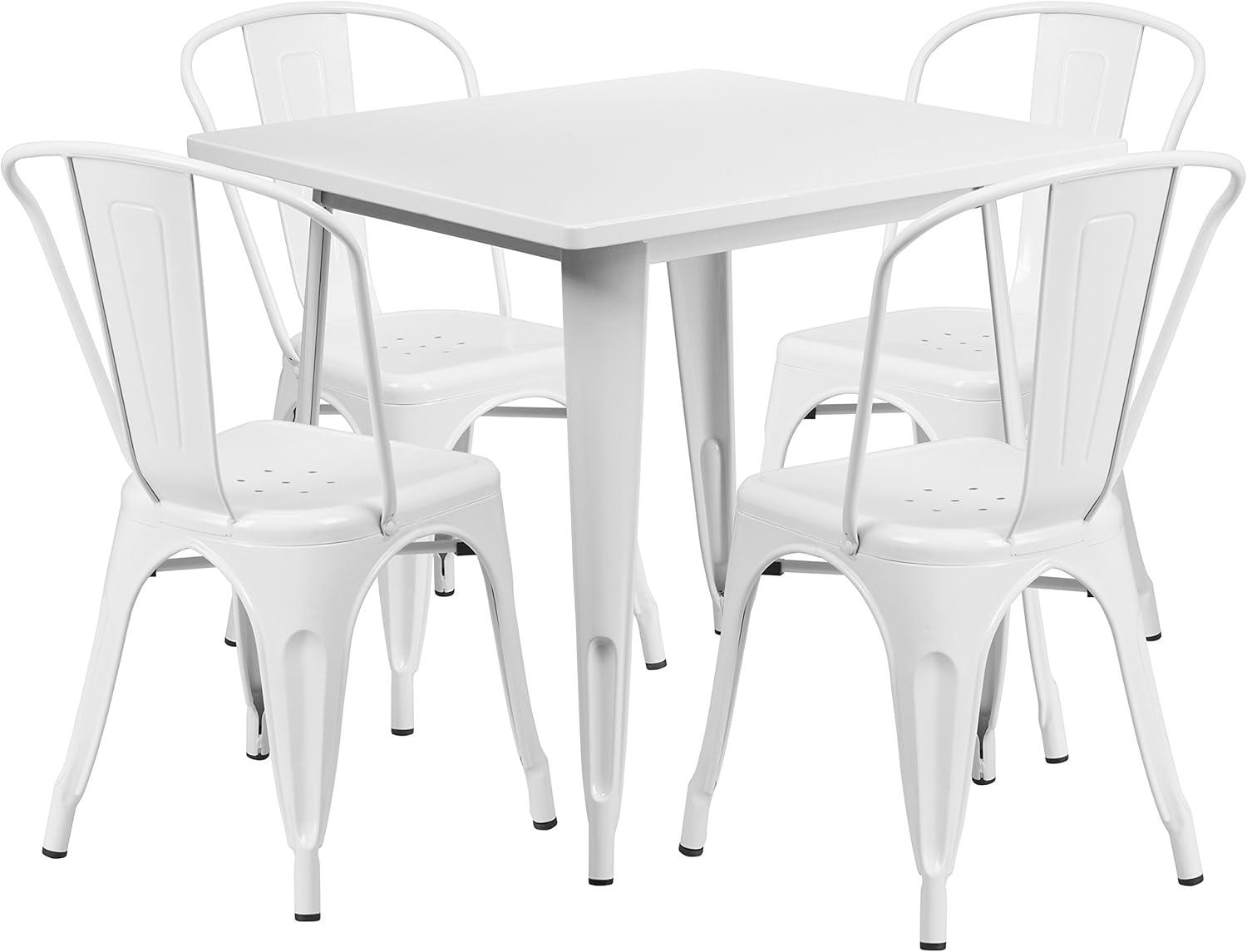 Emma White Metal Indoor-Outdoor Table Set with 4 Stack Chairs