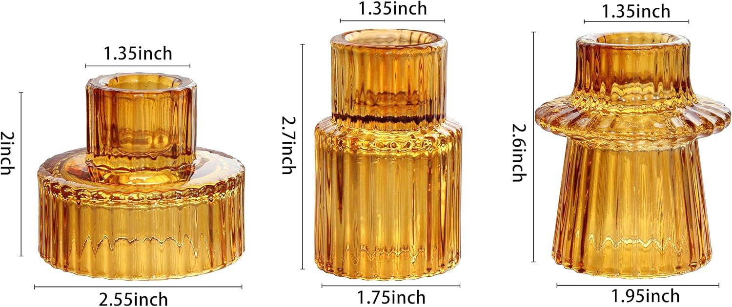 Candlestick Holder Set Of3 Glass Candle Holders for Taper,Pillar,Tealight Candle Amber